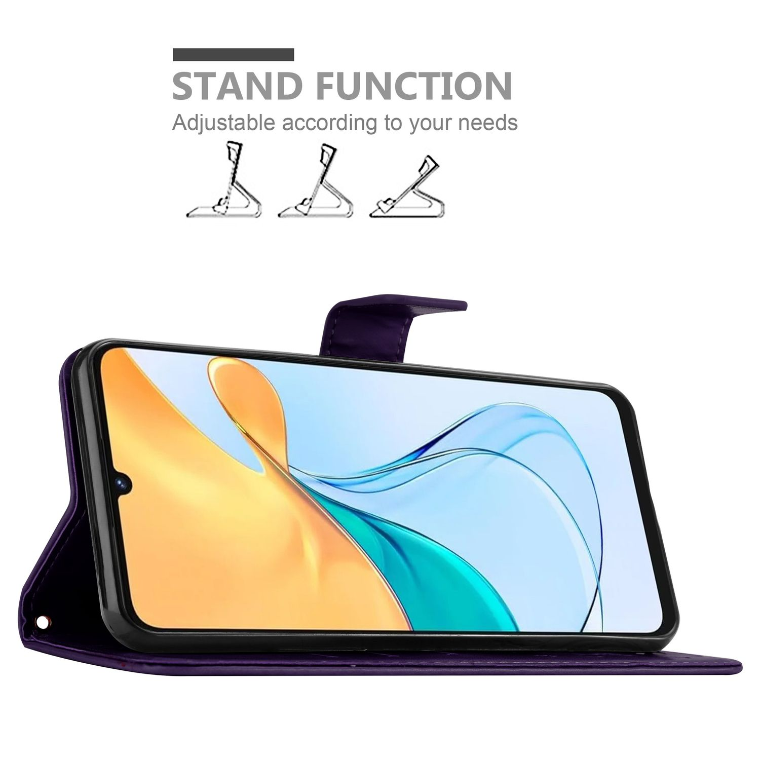 Lila Handyhülle mit einem Telefon darin. Das Telefon ist für die Standfunktion aufgestellt. Drei Standoptionen gezeigt.