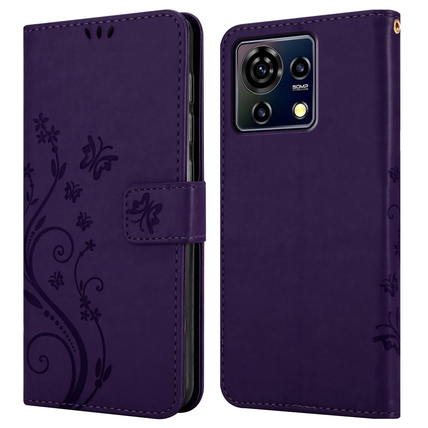 Lila Handyhülle mit Schmetterlingsdesign, offen, um Handy und Kamera zu zeigen.