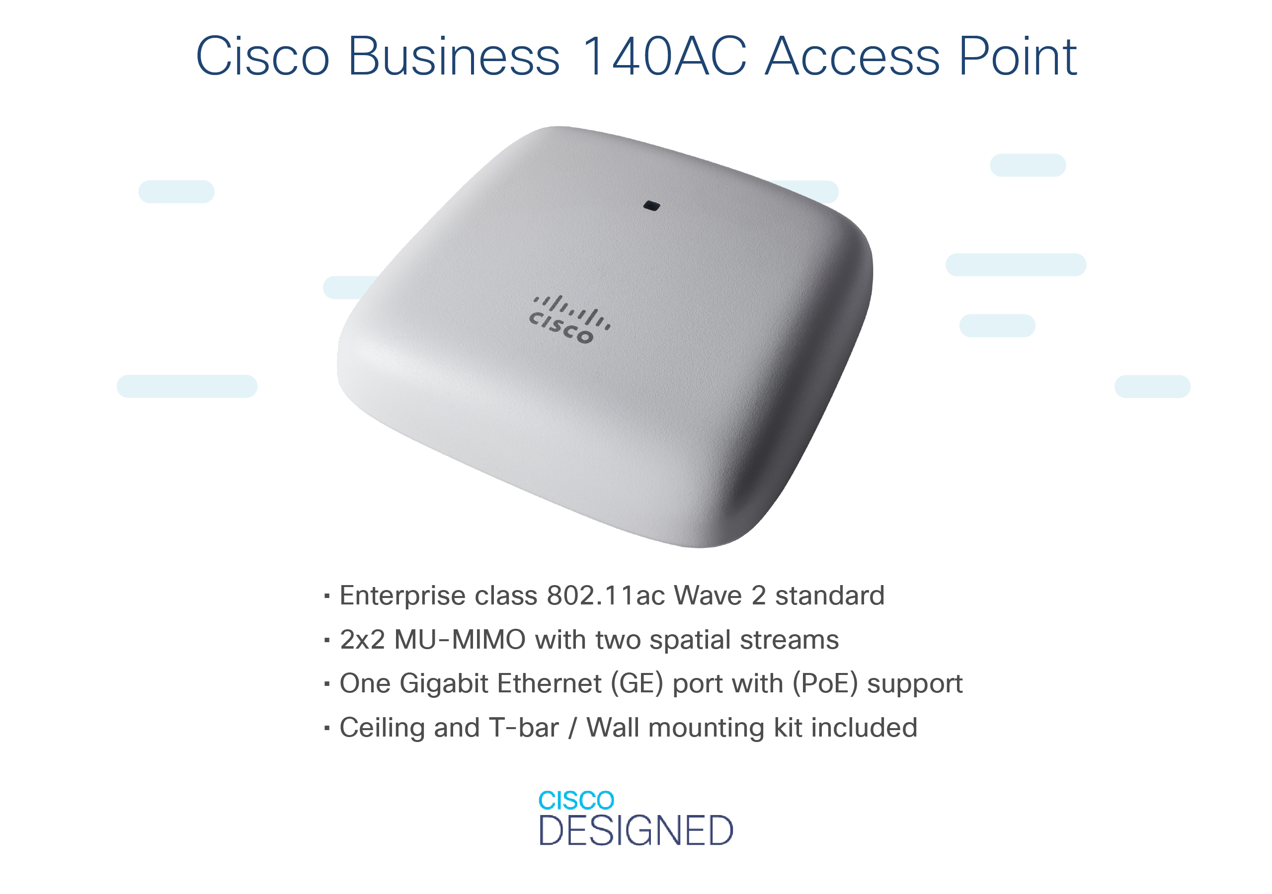 Punkt dostępowy Cisco Business 140AC. Białe, kwadratowe urządzenie z logo Cisco i tekstem. Szczegóły techniczne.