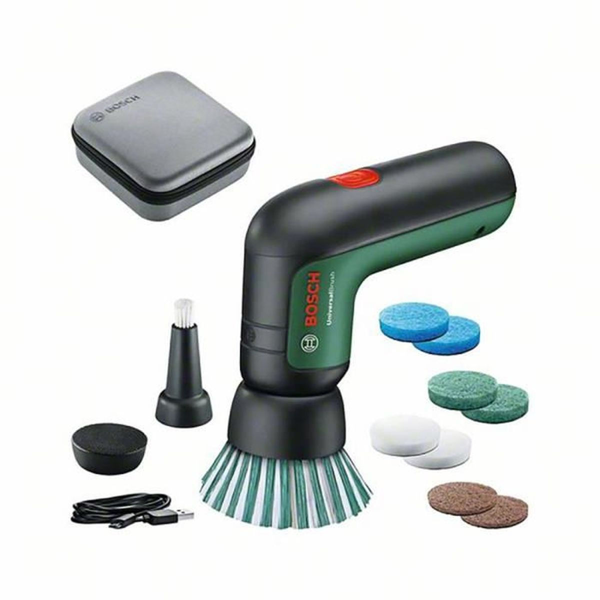 Bosch UniversalBrush mit verschiedenen Reinigungsaufsätzen und einem Ladekoffer auf weißer Oberfläche.
