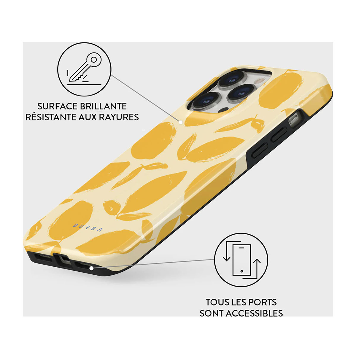 Una custodia per telefono con un motivo floreale giallo.