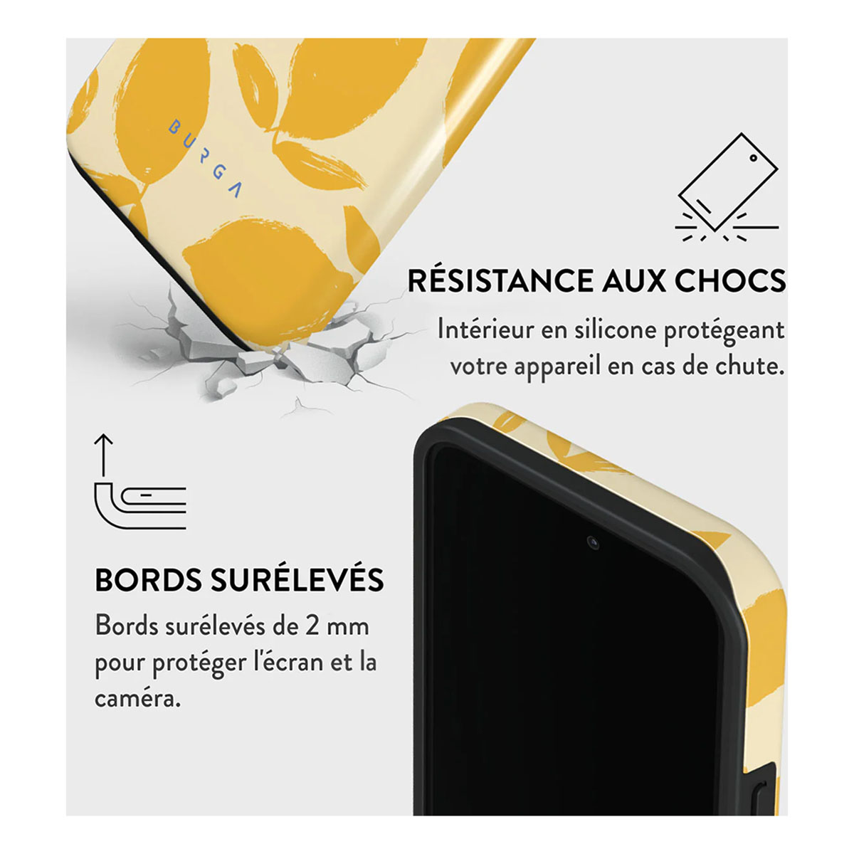 Primo piano di una custodia per telefono con design a limone. Mostra bordi rialzati e resistenza agli urti.