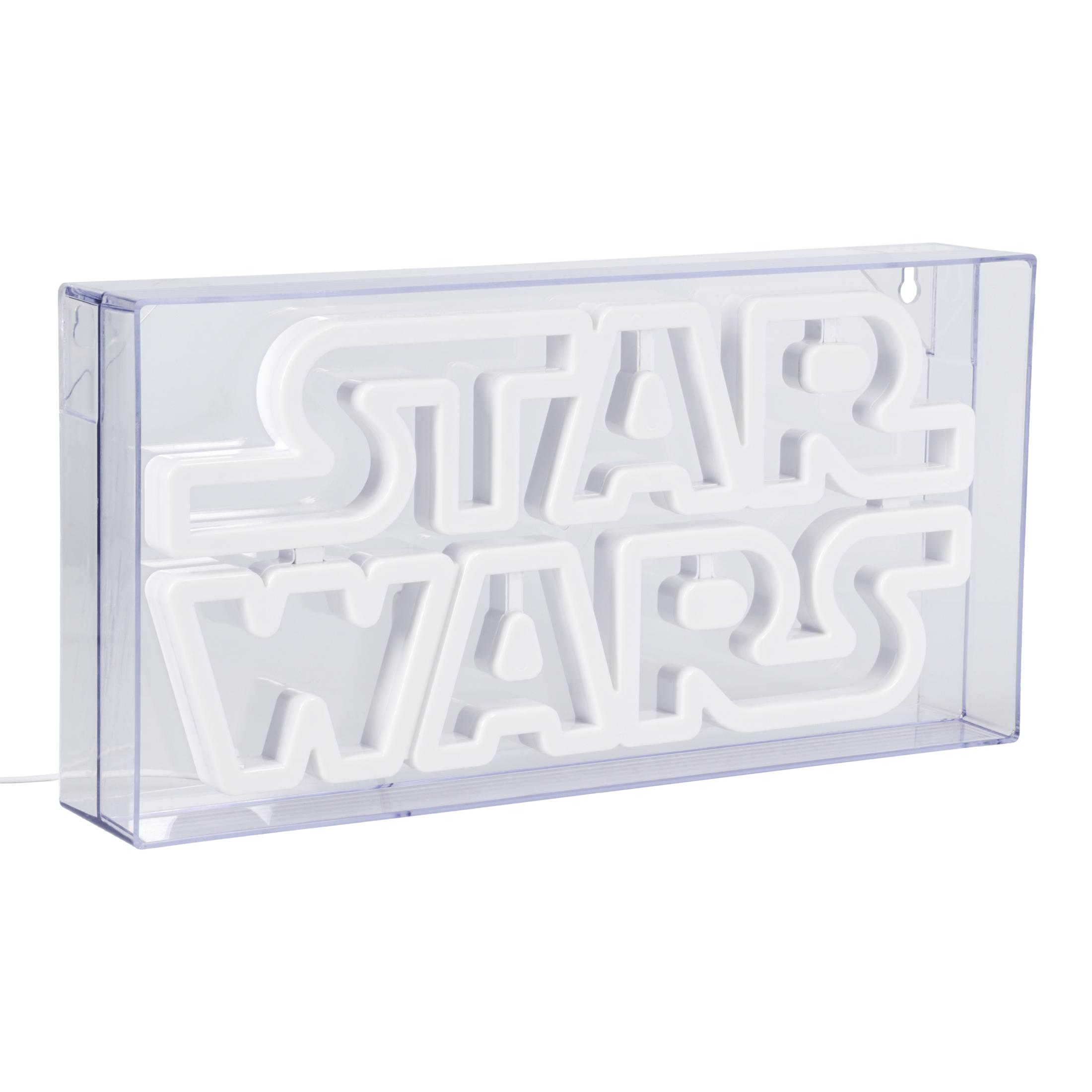 Białe logo Star Wars w przezroczystym pudełku na białym tle, z przewodem zasilającym.