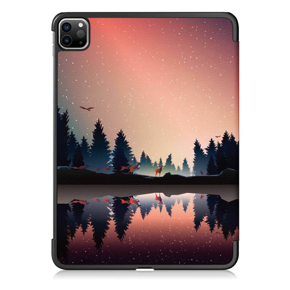 Tablet-Hülle mit einer Landschaftsszene mit Bäumen, einem See und einem farbenfrohen Himmel.