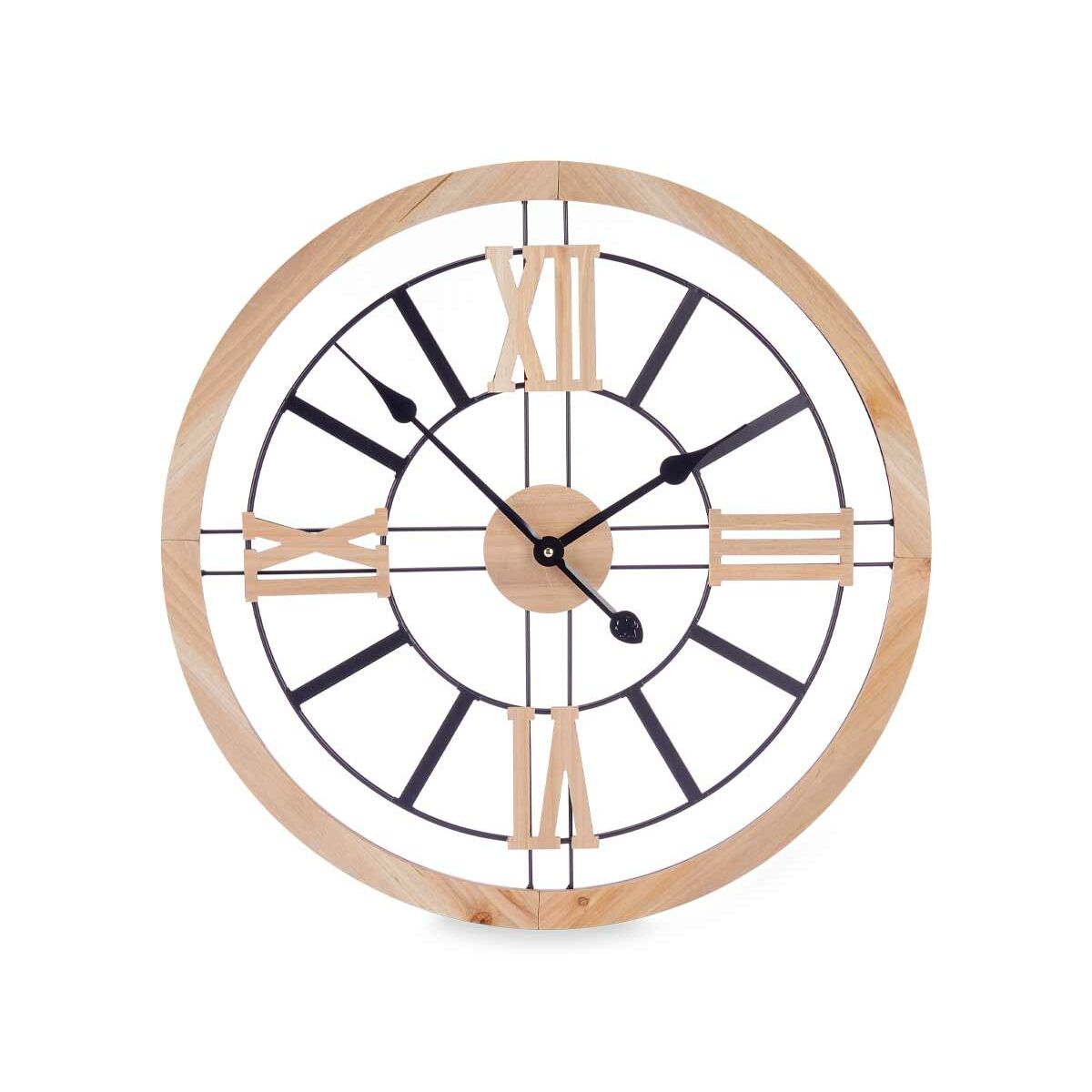 Un orologio rotondo in legno con cornice in metallo nero, numeri romani e lancette nere.