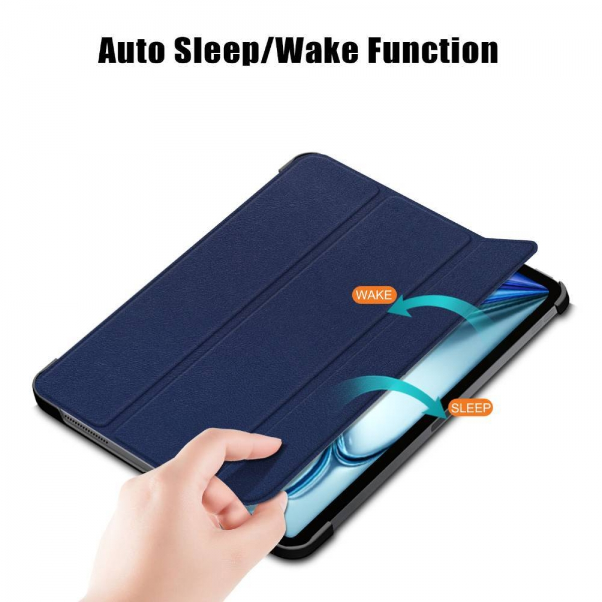 Eine Hand öffnet eine blaue Tablet-Hülle und zeigt das Tablet im Inneren, mit dem Text 'Auto Sleep/Wake Function'.