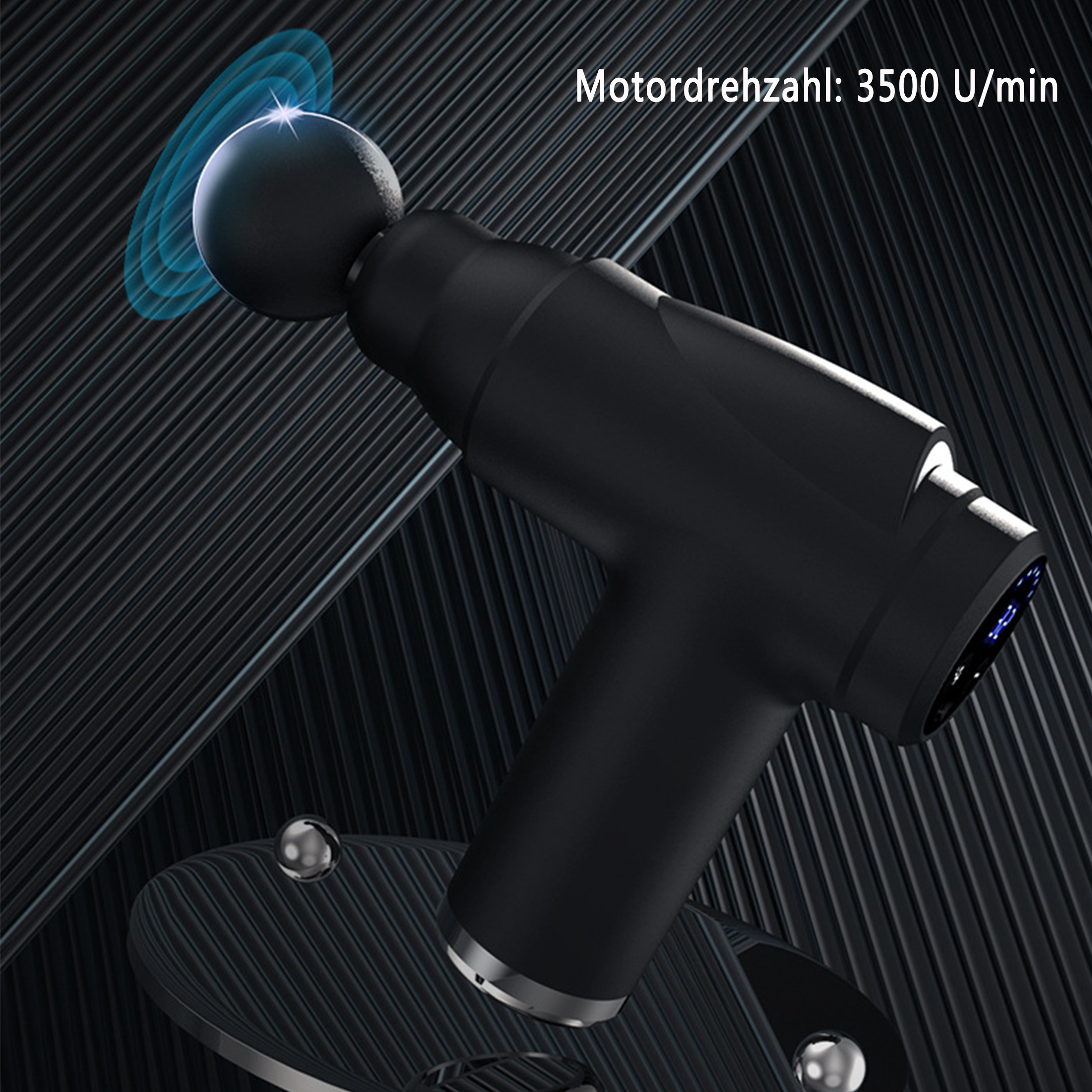 Eine schwarze Massagepistole mit blauem Licht, mit dem Text 'Motordrehzahl: 3500 U/min'.