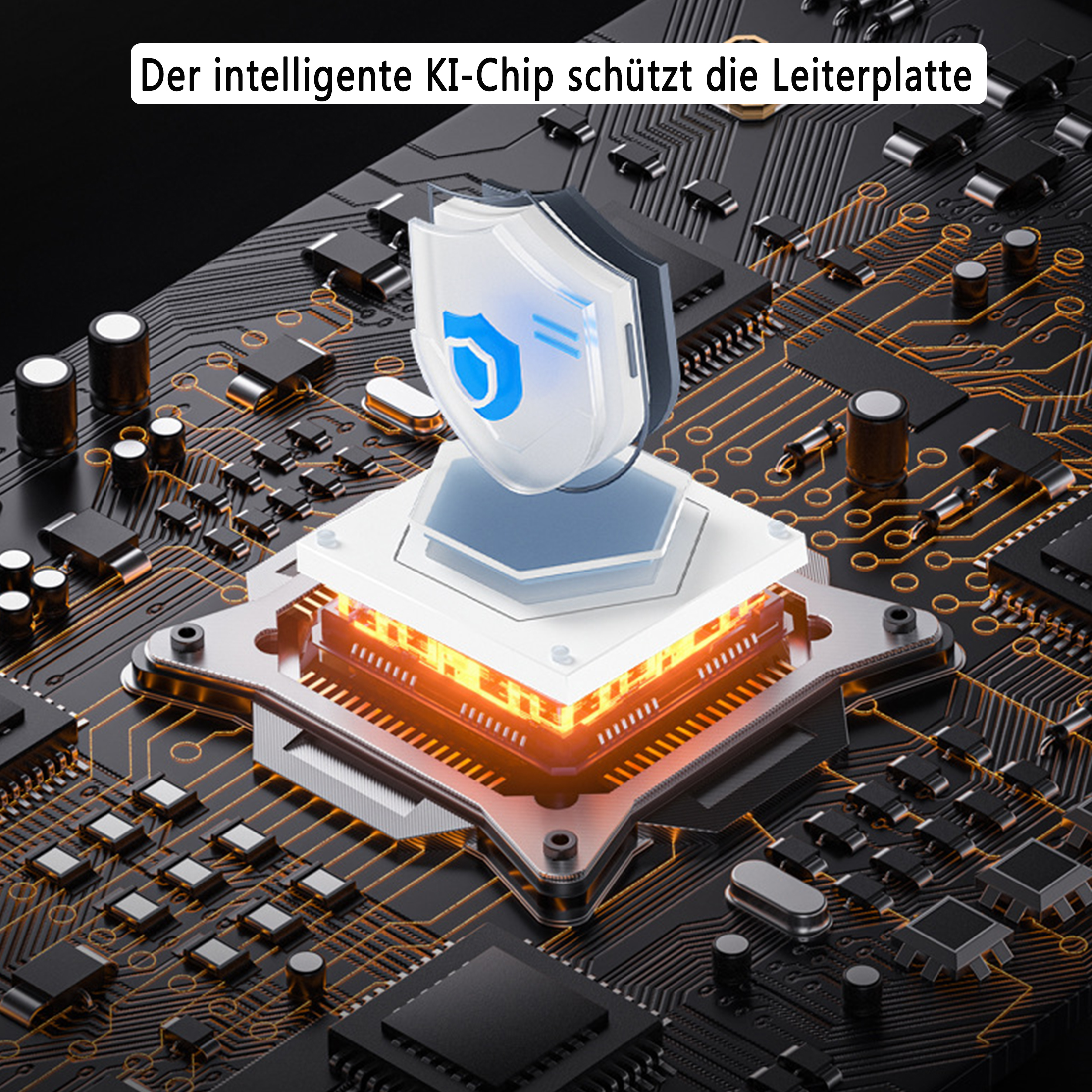 Nahaufnahme einer Leiterplatte mit einem Schildsymbol, das den Chip-Schutz veranschaulicht.