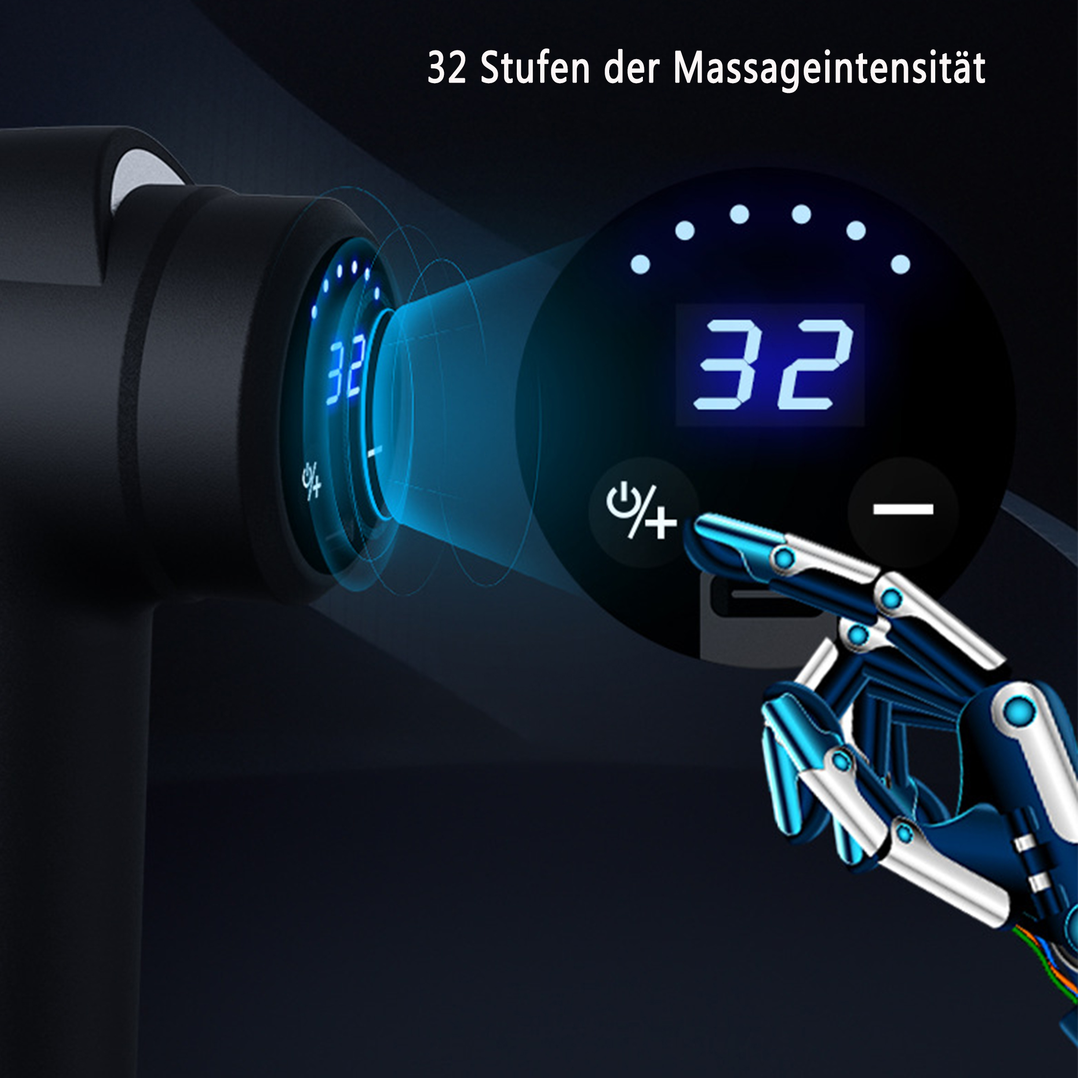Nahaufnahme der Anzeige einer Massagepistole mit Intensitätsstufe 32, mit Roboterhand.