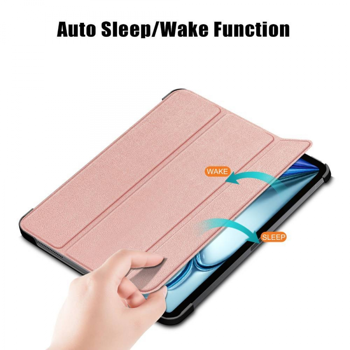 Rosa Tablethülle mit Wake/Sleep-Funktion beschriftet.