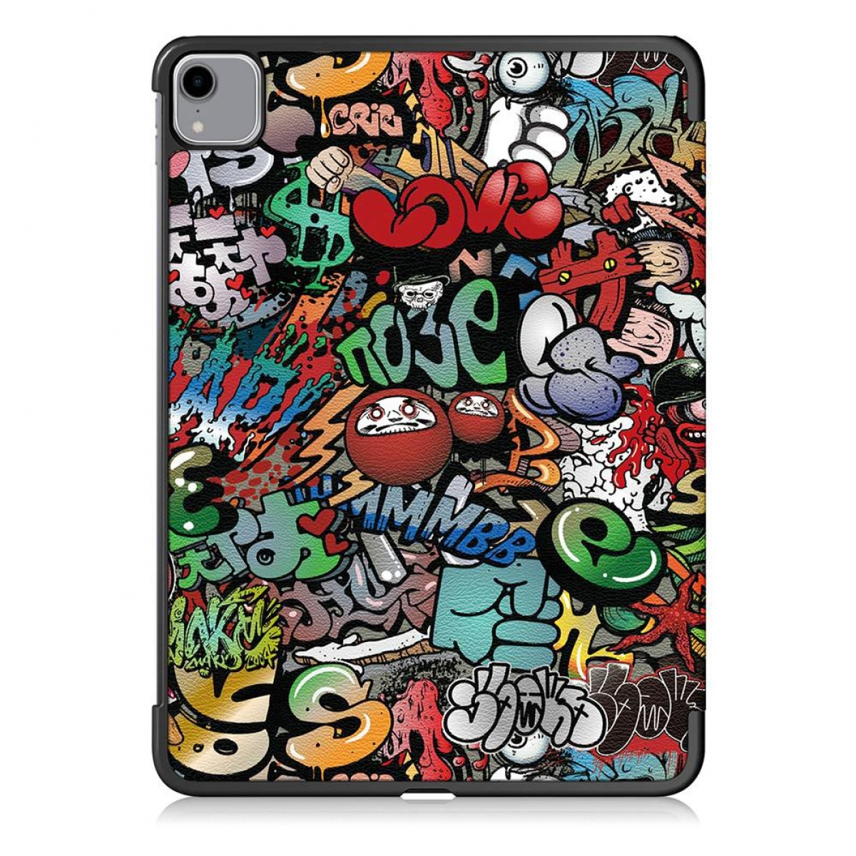 iPad-Hülle mit buntem Graffiti-Kunstdesign in verschiedenen Farben und schwarzem Rand.