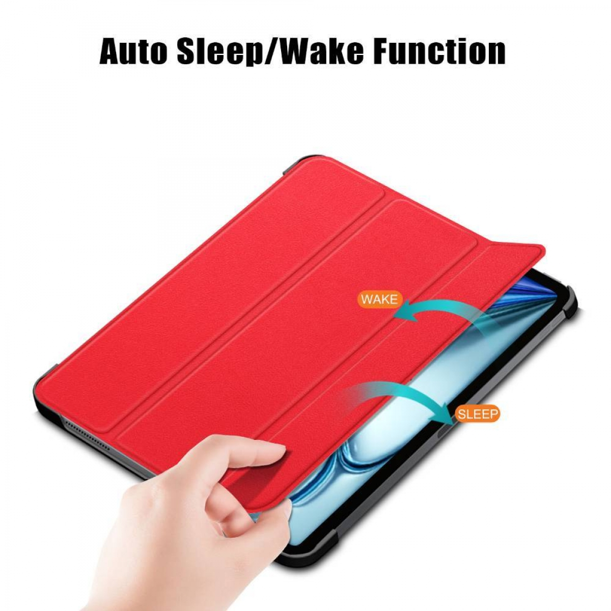 Eine rote Tablethülle mit einer Hand, die sie öffnet. Die Wörter 'WAKE' und 'SLEEP' sind sichtbar.
