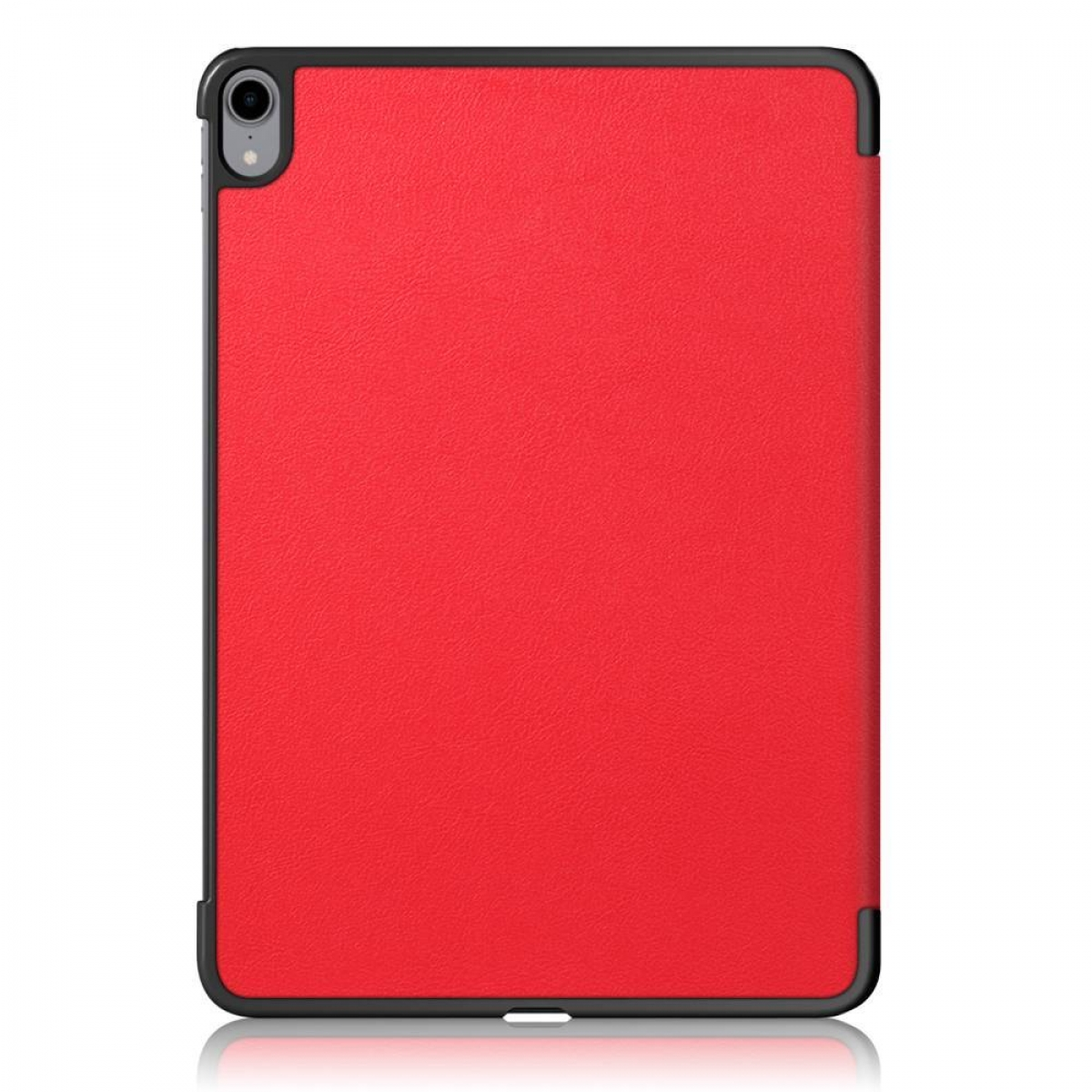 Rote Tablet-Hülle mit schwarzem Rand. Schwarze Kamera und Eckdetails. Weißer Hintergrund.