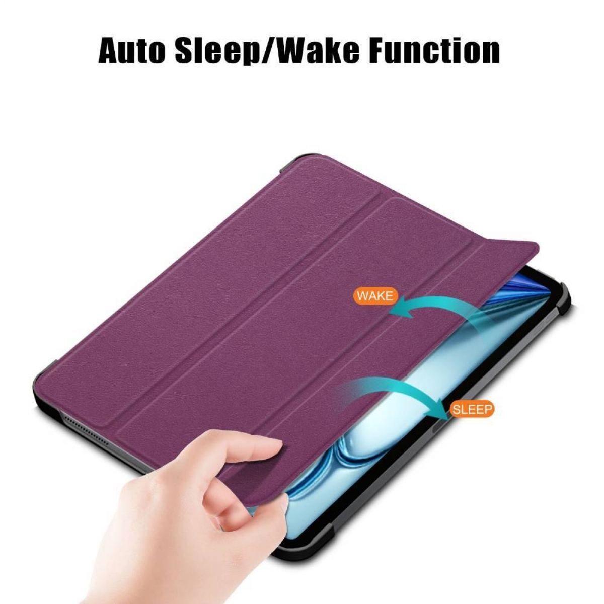 Lila Tablethülle mit Hand. Hülle sagt 'SLEEP' und 'WAKE' für Tabletfunktion.
