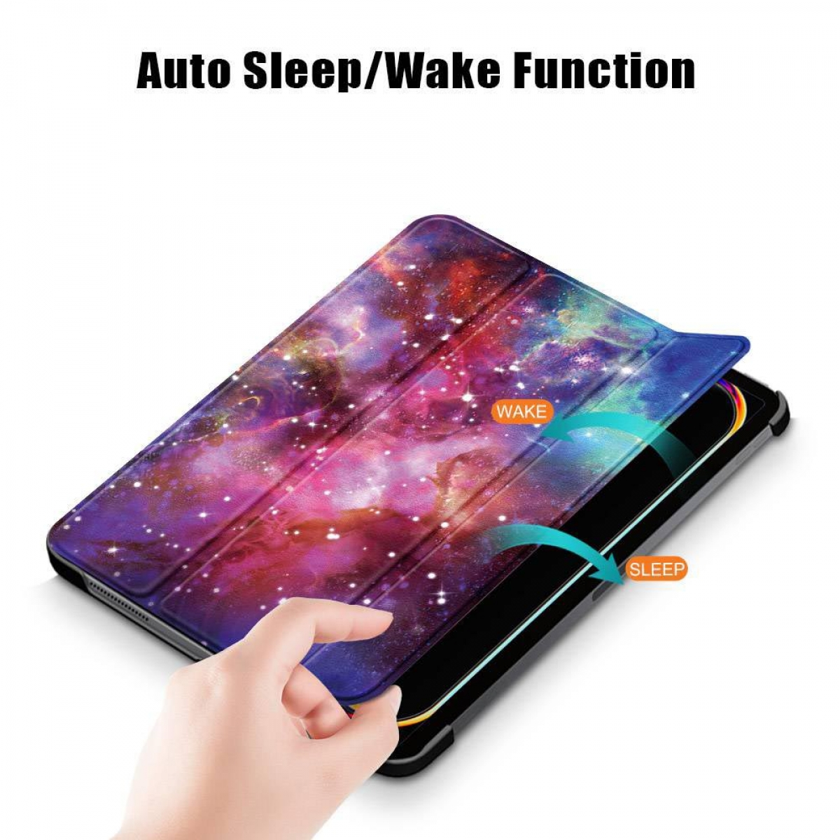 Tablet in einer Hülle mit Galaxiedruck. Hülle offen, zeigt den Tablet-Bildschirm. Text sagt Auto Sleep/Wake.