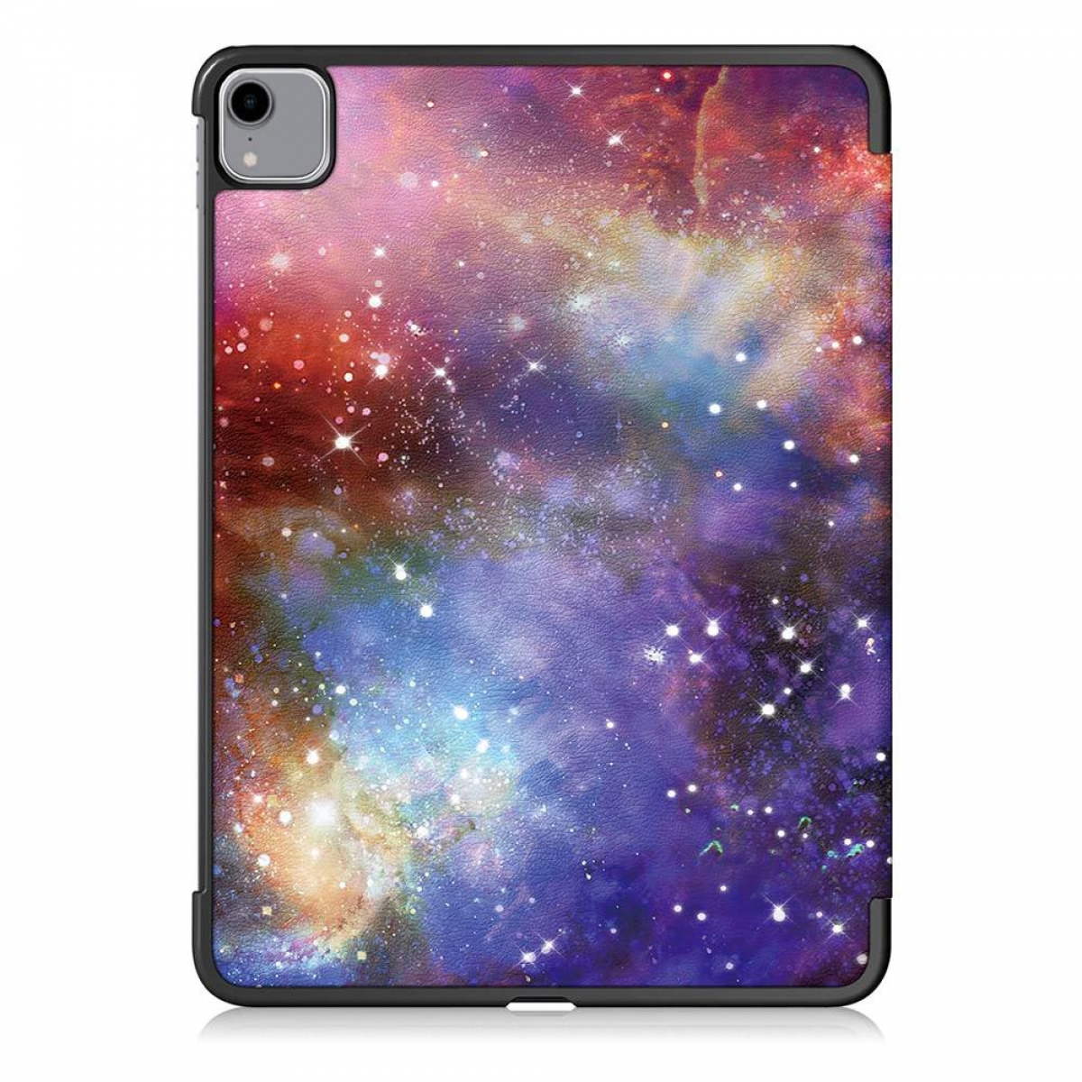 Eine Tablet-Hülle mit farbenfrohem Galaxiedesign. Die Hülle ist schwarz.