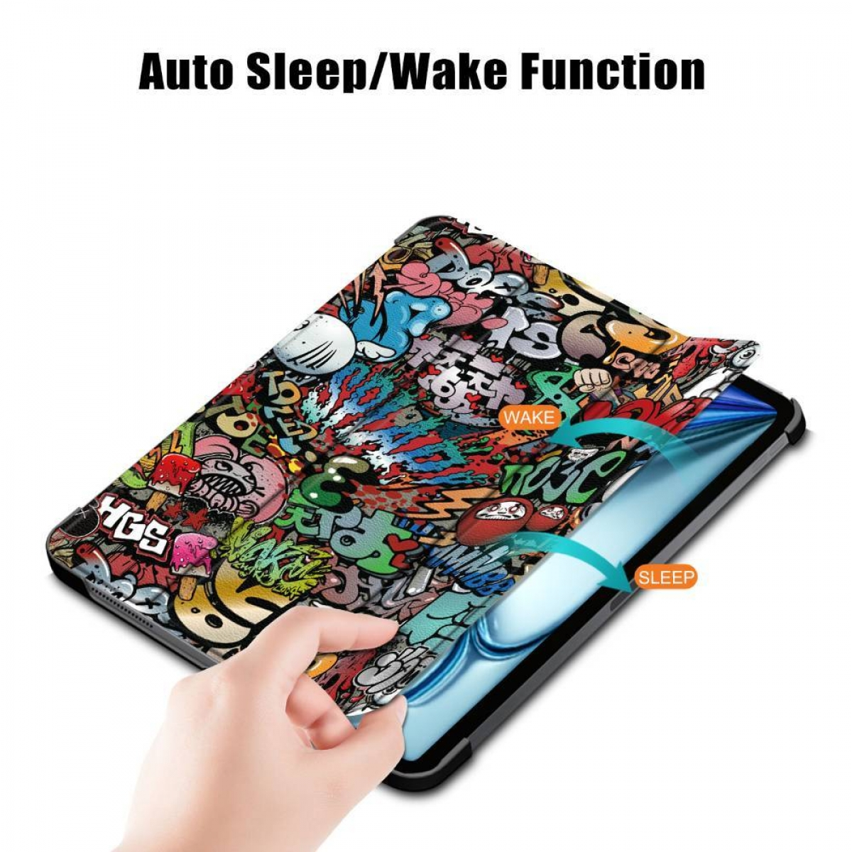 Tablet-Hülle mit Graffiti-Kunst, zeigt Wake/Sleep-Funktion. Weißer Hintergrund.