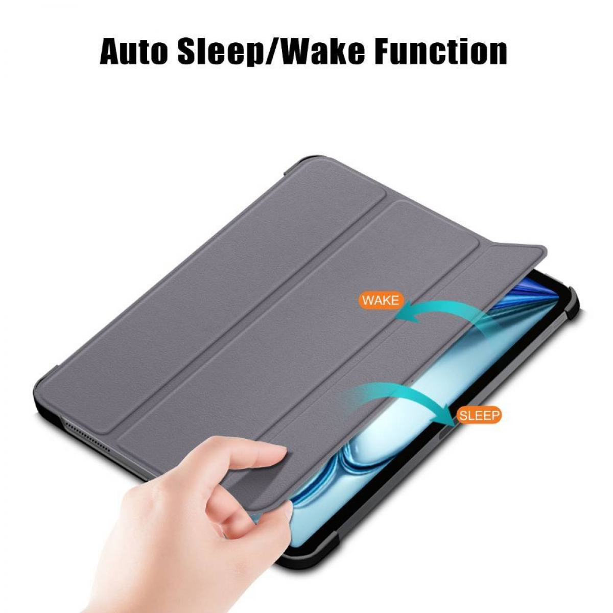Eine Tablet-Hülle mit grauem Cover und dem Text "Auto Sleep/Wake Function", weißer Hintergrund.