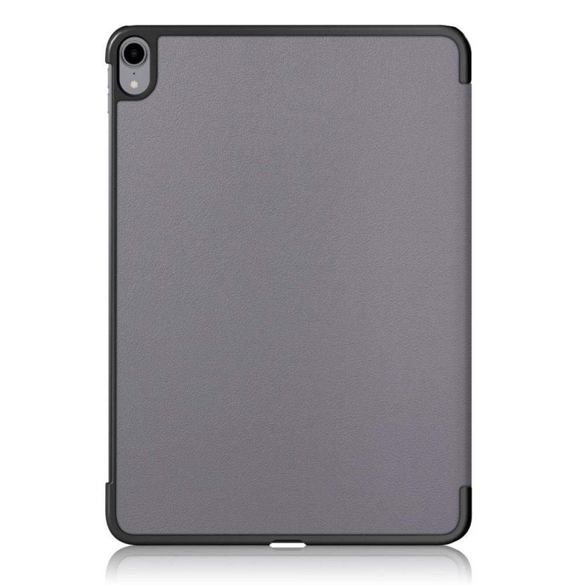 Eine graue Tablet-Hülle mit schwarzem Rahmen und dem Tablet darin. Die Rückseite des Tablets ist sichtbar.