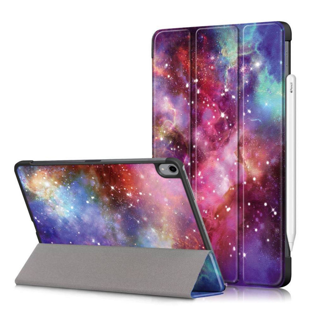 Tablet-Hülle mit Galaxiemotiv. Tablet und gefaltete Hülle sichtbar, mit weißem Stift.