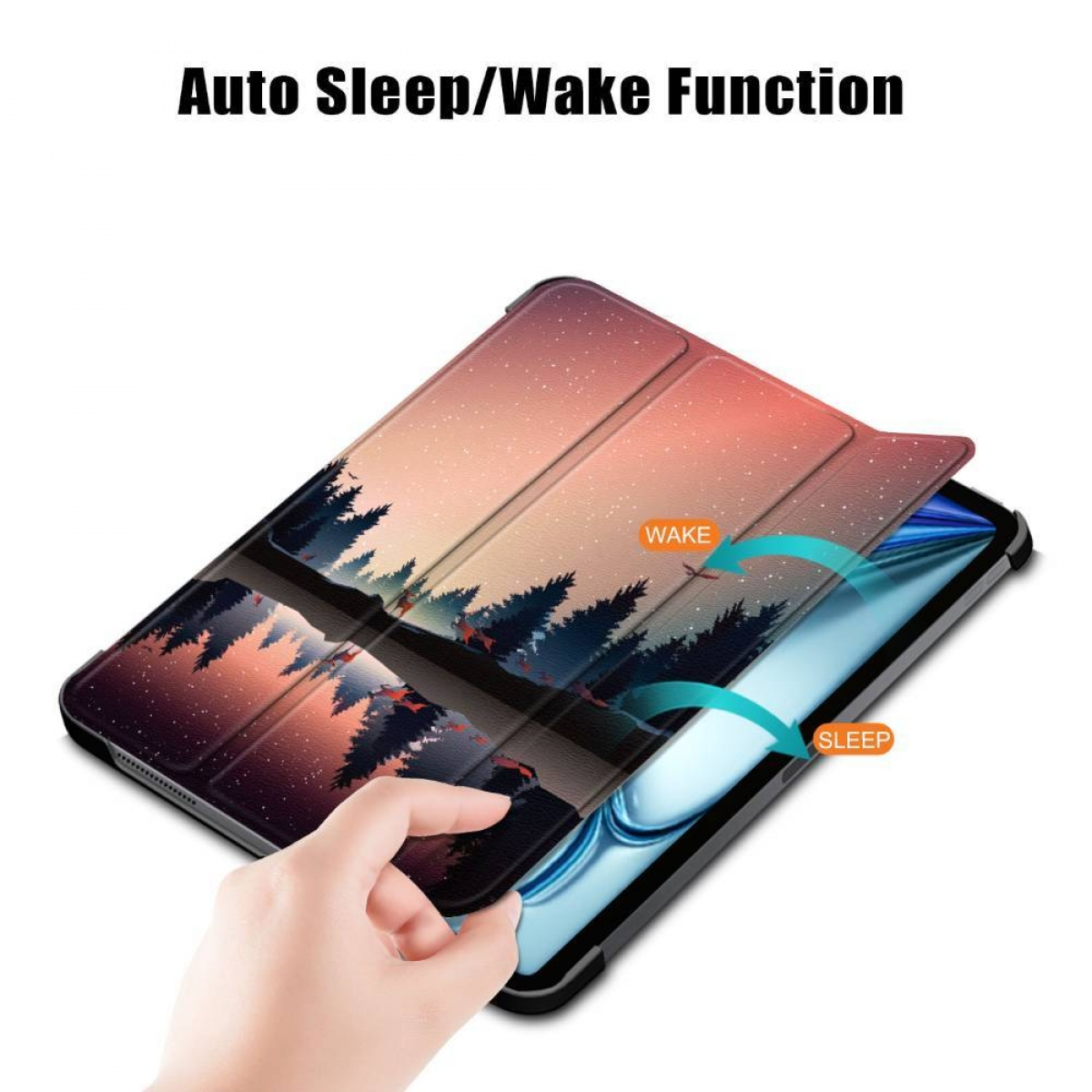 Tablet-Hülle mit Auto-Sleep/Wake-Funktion, eine Hand öffnet die Abdeckung.