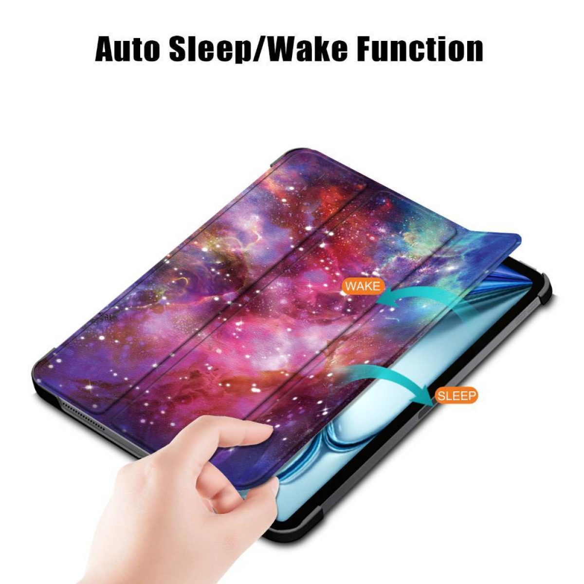 Tablet-Hülle mit Galaxie-Design, zeigt die Auto-Sleep/Wake-Funktion.