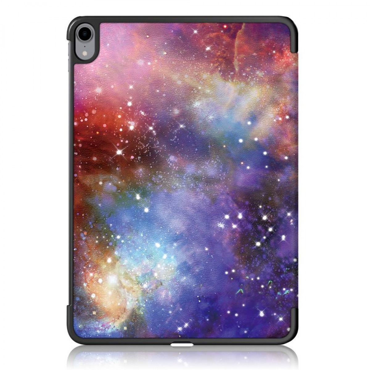 Tablet-Hülle mit Galaxie-Design. Schwarzer Rand. Lila, blau und rot.