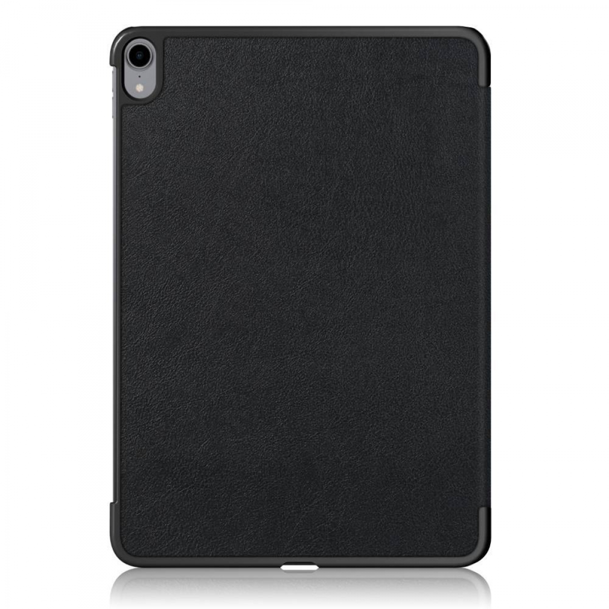 Eine schwarze Tablet-Hülle mit strukturierter Oberfläche und schwarzem Rand. Die Rückseite eines Tablets ist sichtbar.