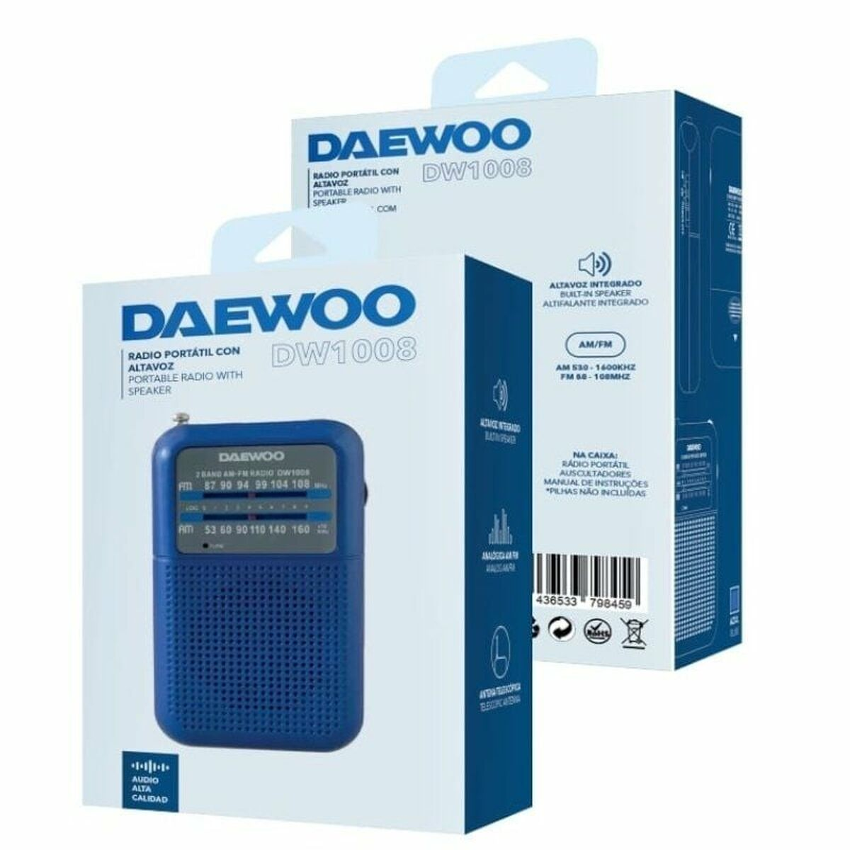 Radio Daewoo blu nella sua scatola, che mostra la radio e la confezione.