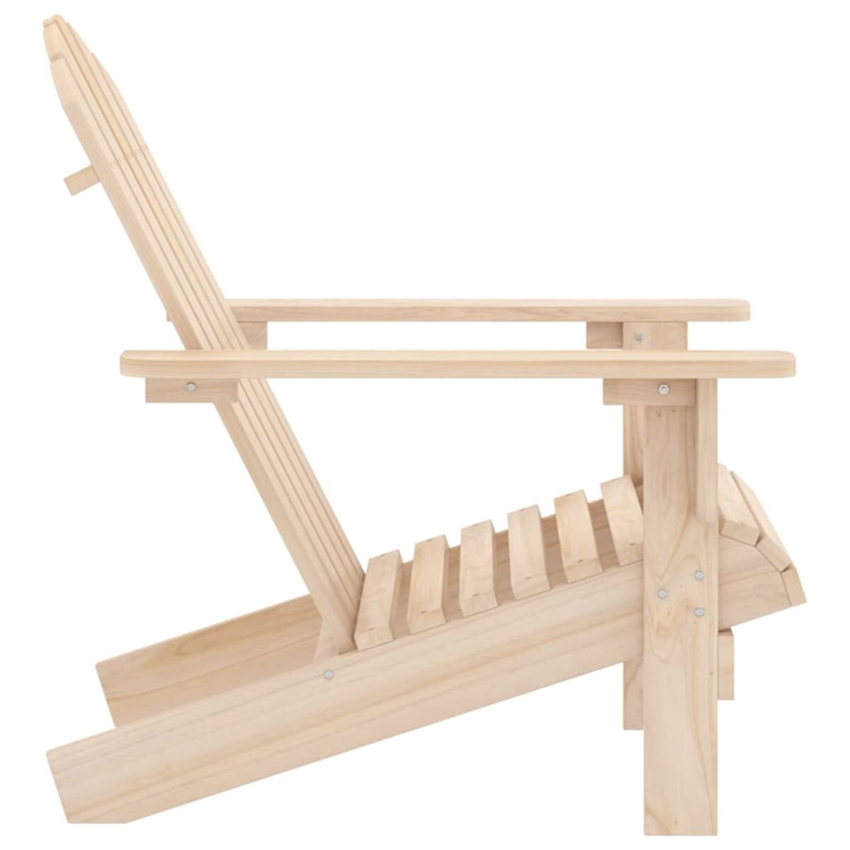 Holz-Adirondack-Stuhl, Seitenansicht. Hellfarbiges Holz mit Lattenrücken und -sitz, hoher Rücken.