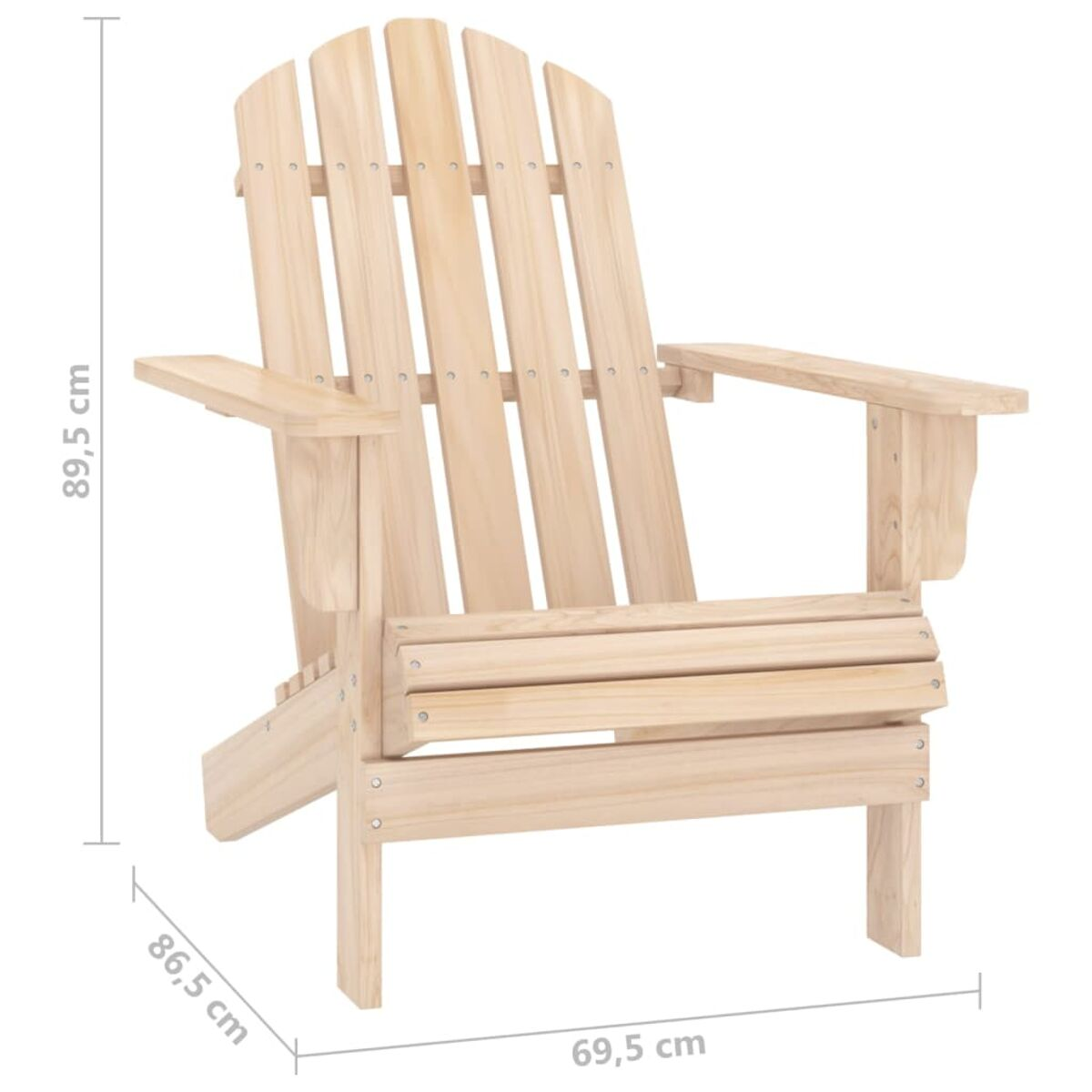 Holz-Adirondack-Stuhl auf weißem Hintergrund, Abmessungen angegeben.