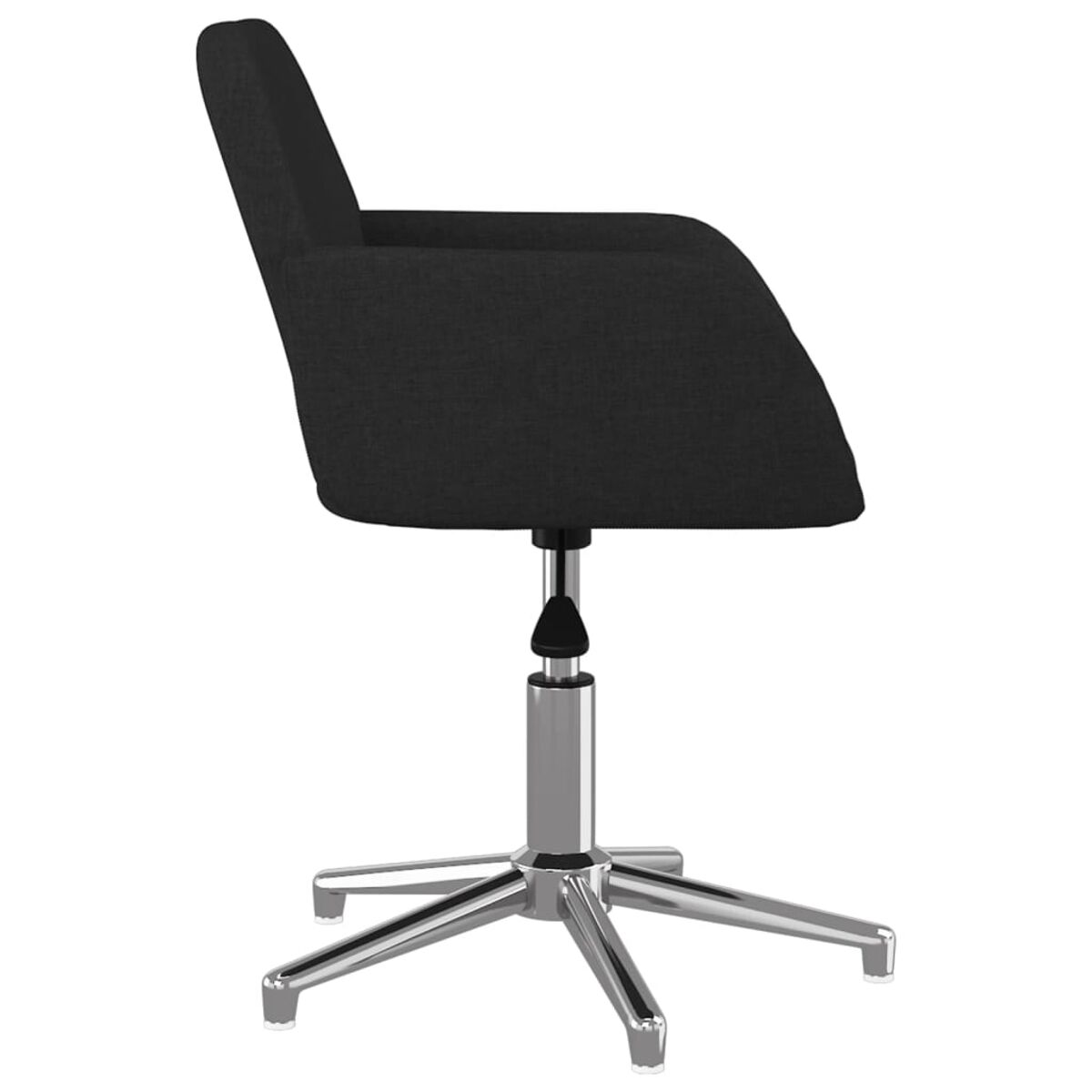 Schwarzer Bürostuhl von der Seite. Er hat einen schwarzen Sitz und ein Chromgestell.