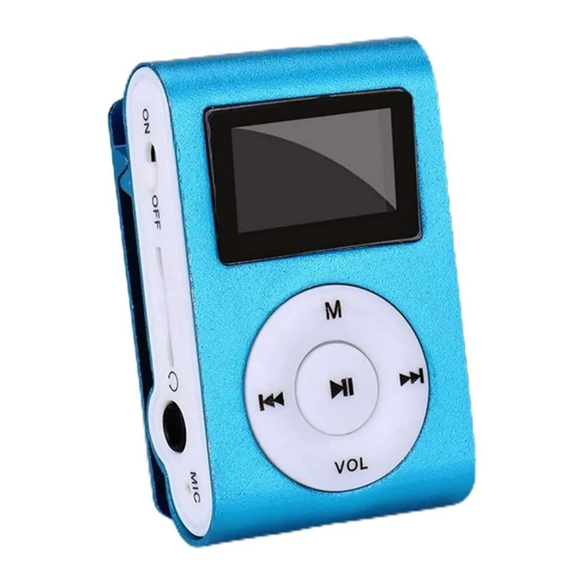 Ein blauer MP3-Player mit kleinem Bildschirm, Bedientasten und einem Clip. Weißer Hintergrund.