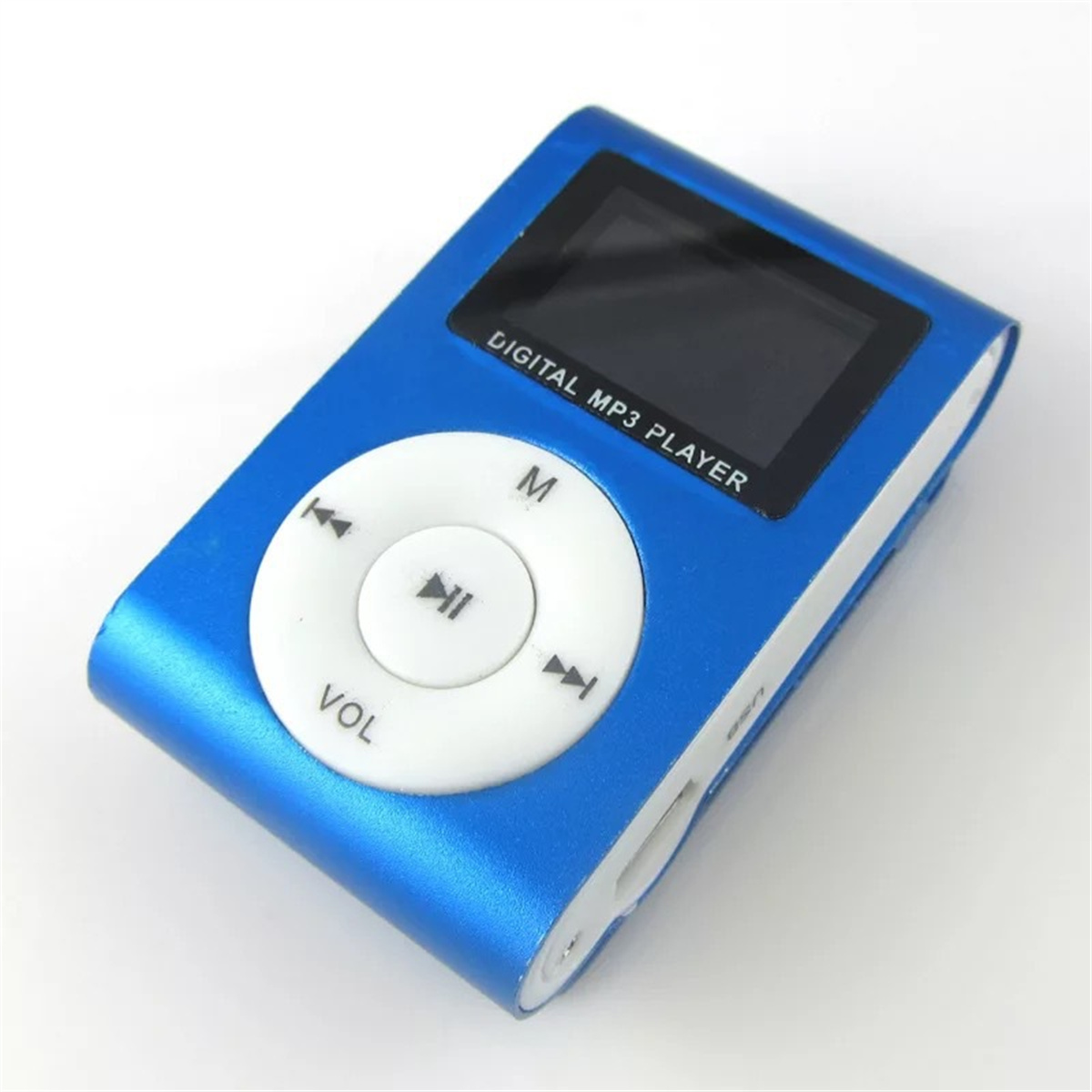 Ein blauer digitaler MP3-Player mit weißen Knöpfen und einem kleinen Bildschirm.