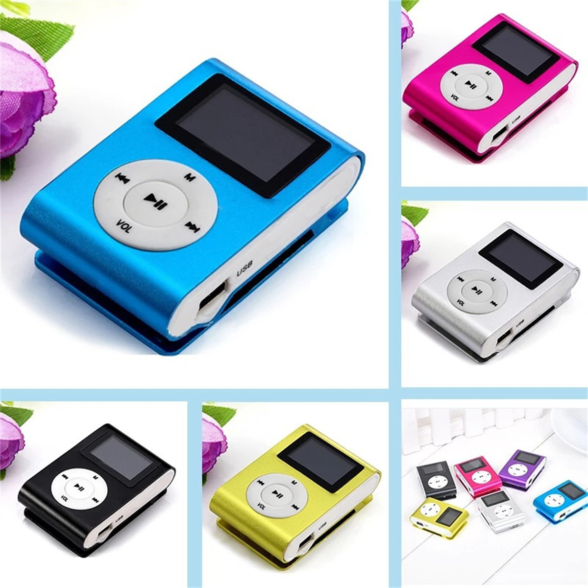 Sammlung von MP3-Playern in verschiedenen Farben. Jeder hat einen Bildschirm und Knöpfe. Blau, Rosa und mehr.