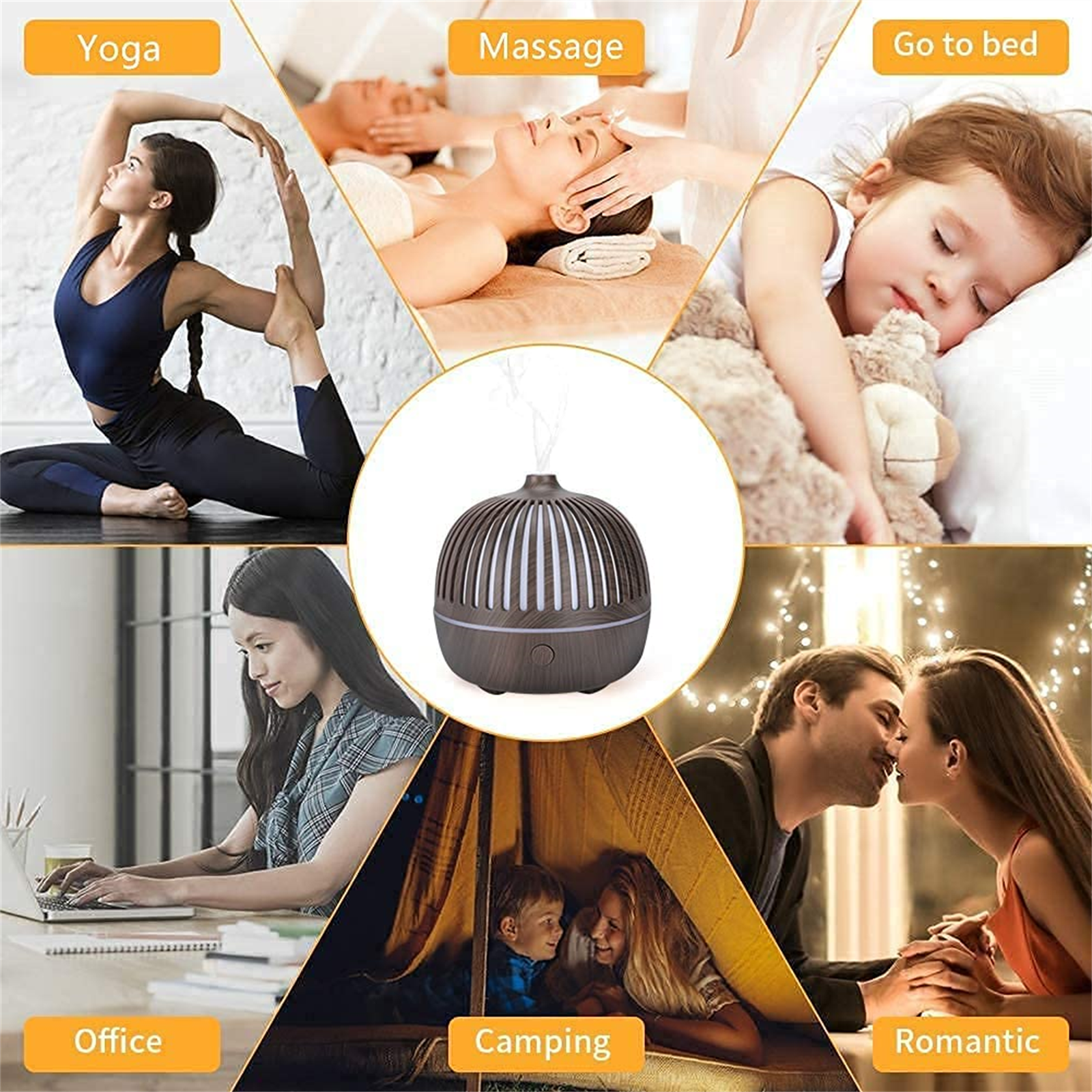 Collage von Szenen: Yoga, Massage, schlafendes Kind, Büro, Camping, romantisches Paar.