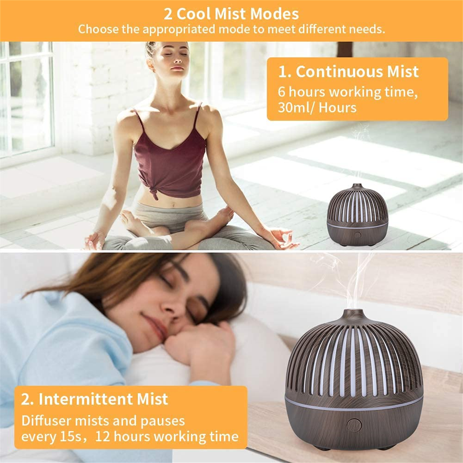 Eine Frau meditiert und ein Diffusor mit Nebel, und eine Frau schläft neben einem Diffusor.