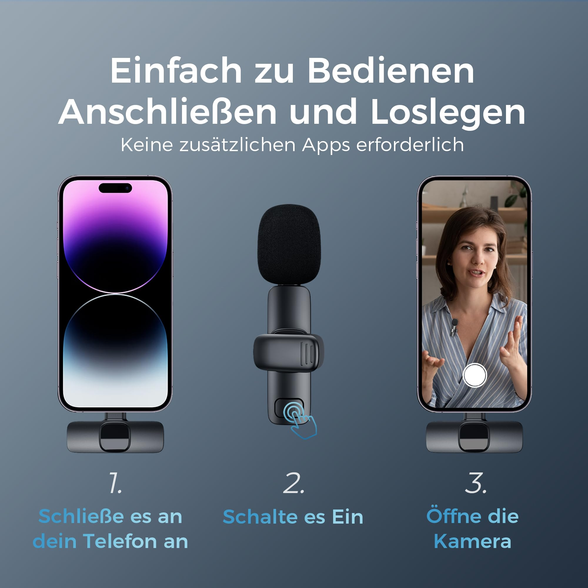 Telefon, Mikrofon und Telefon mit Videoanruf. Anweisungen: anschließen, einschalten, Kamera öffnen.