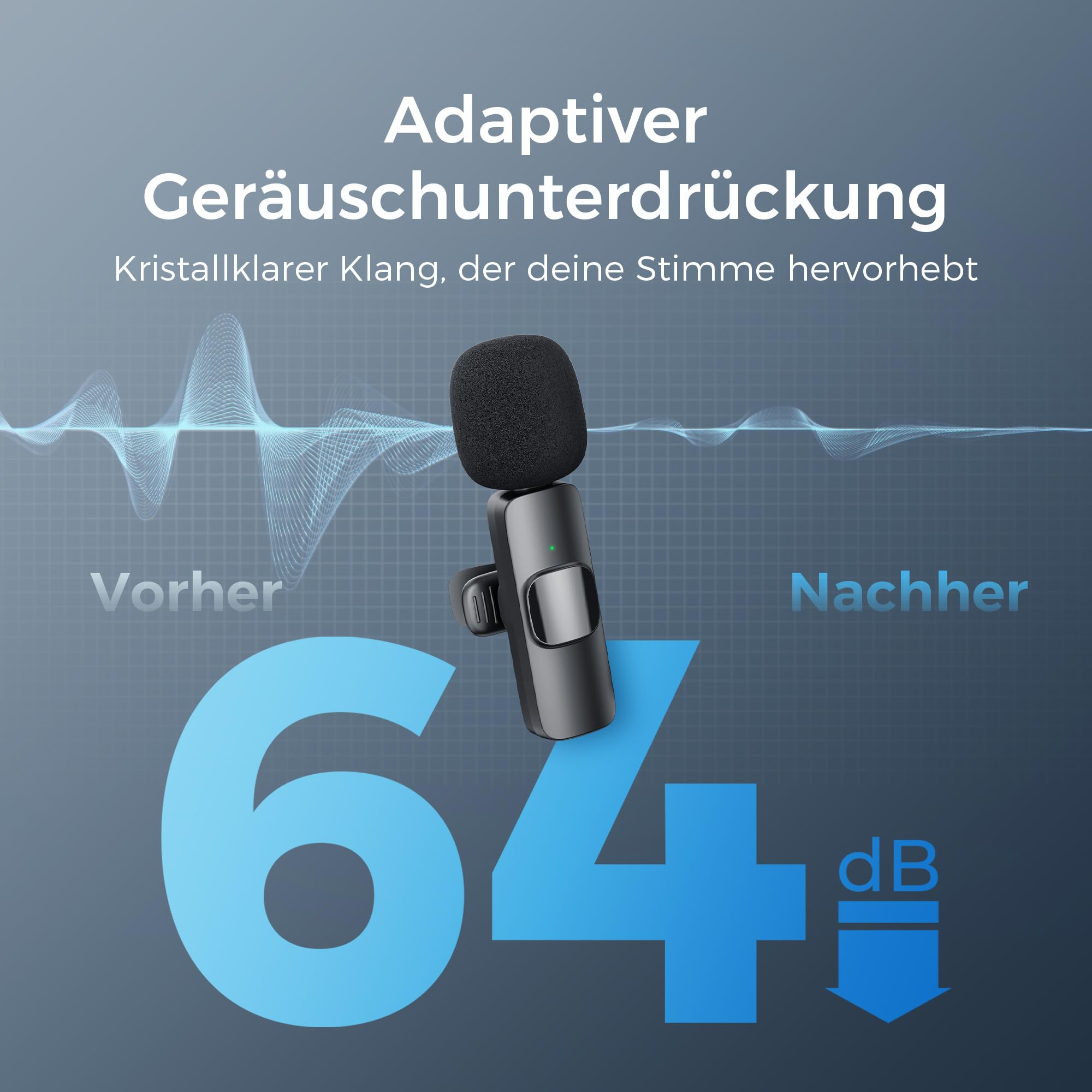 Diagramm, das Ton vor und nach der Geräuschreduzierung vergleicht und eine Abnahme von 64 dB zeigt.