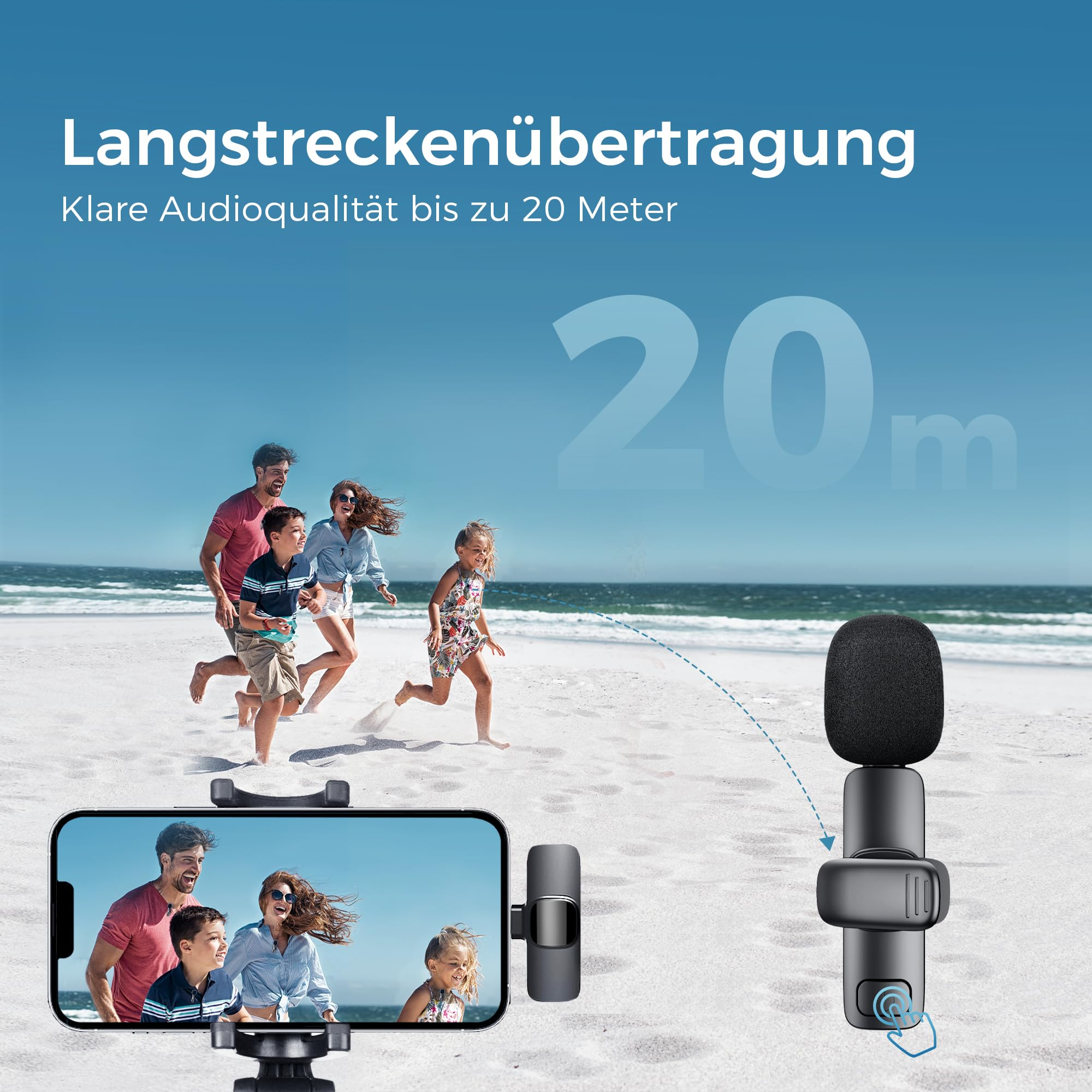 Leute rennen am Strand. Telefon zeigt Video der Familie. Mikrofon im Einsatz.