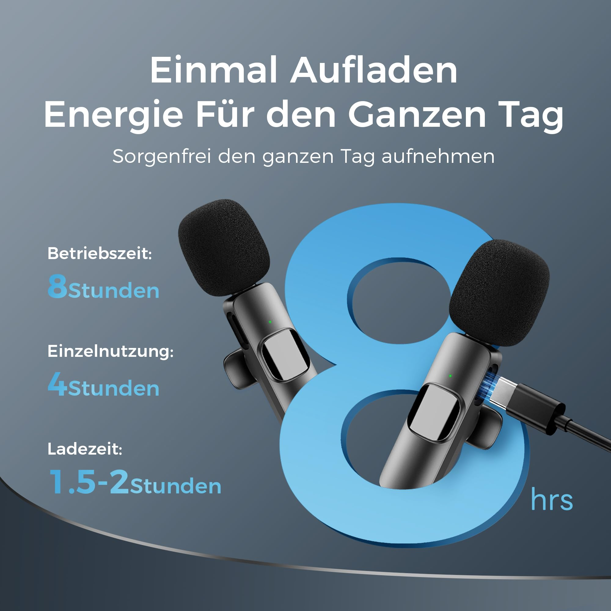 Zwei schwarze Mikrofone neben einer blauen Acht und Text über die Akkulaufzeit.