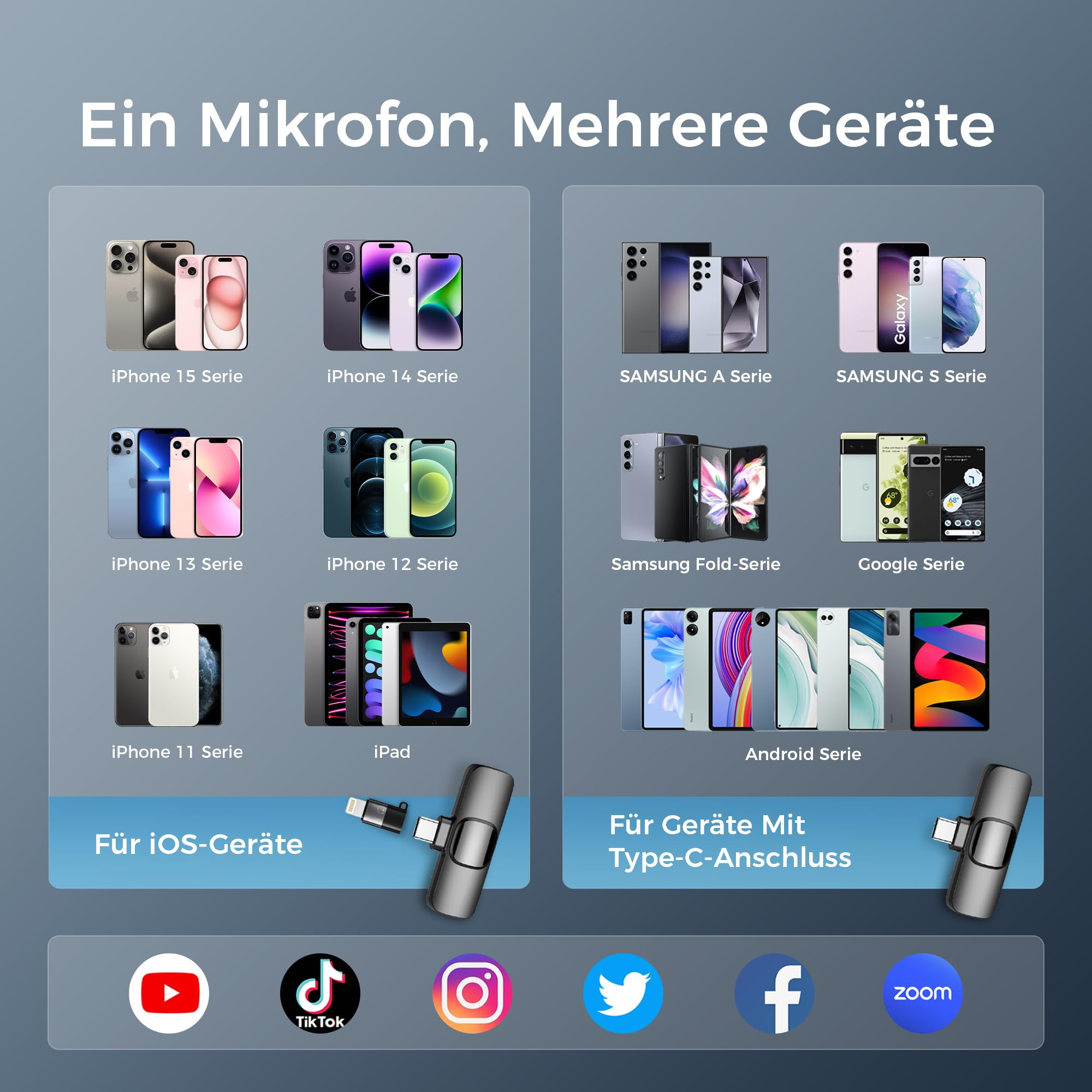 Bild mit verschiedenen Smartphones, darunter iPhone-, Samsung- und Google-Modelle. Zeigt auch verschiedene Apps.