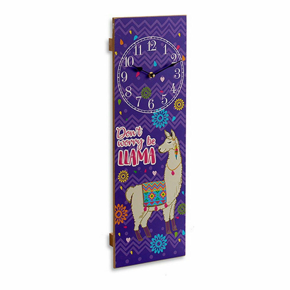 Un orologio decorativo viola con un'illustrazione di lama e il testo "Don't worry be llama".