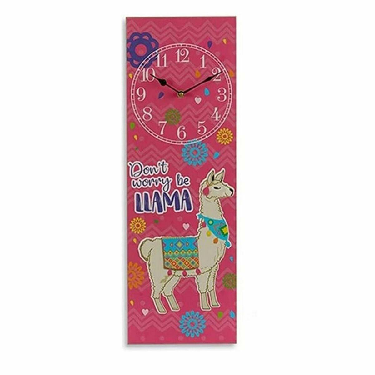 Un orologio da parete rosa con un'illustrazione di un lama. L'orologio ha un design colorato e un lama.