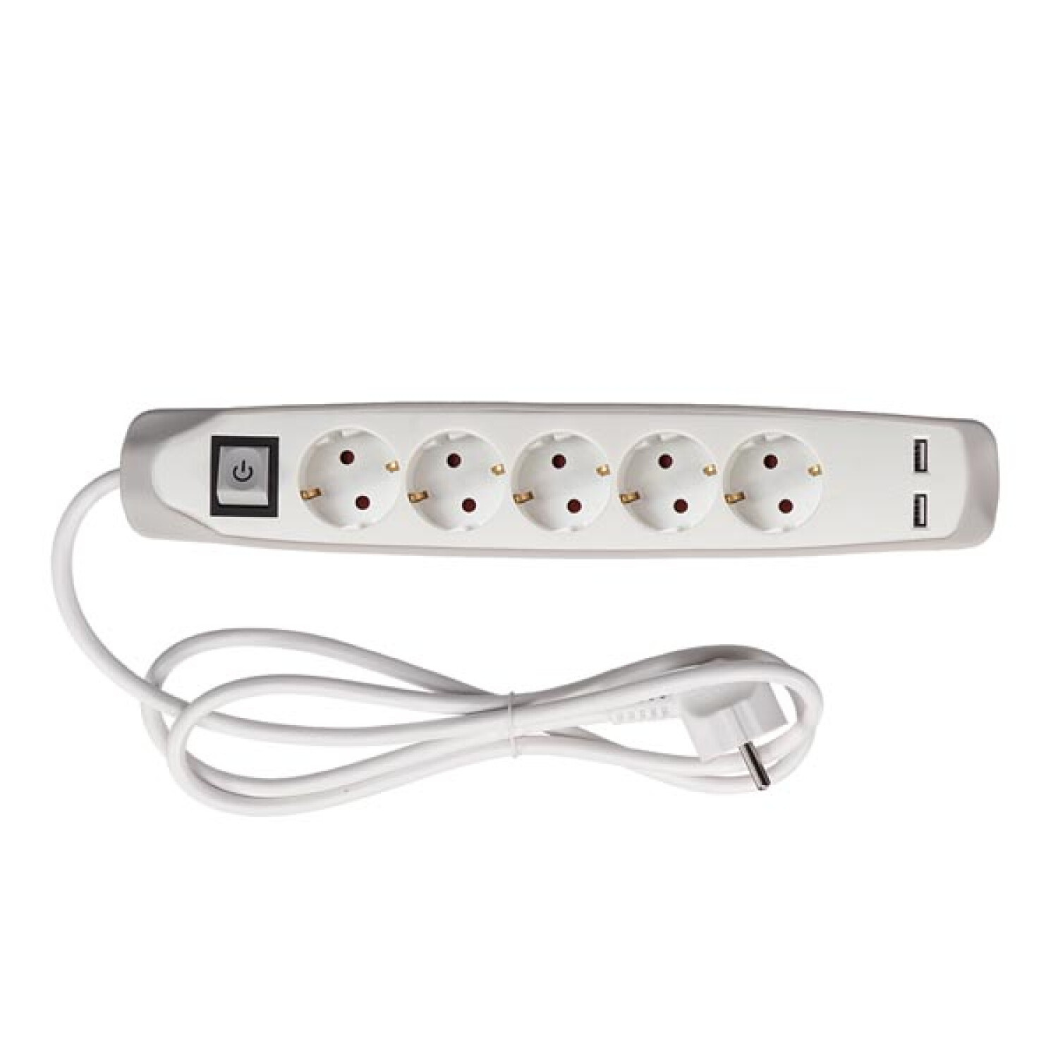 Eine weiße Steckdosenleiste mit sechs Steckdosen und zwei USB-Anschlüssen. Auf der linken Seite ist ein Netzschalter zu sehen.