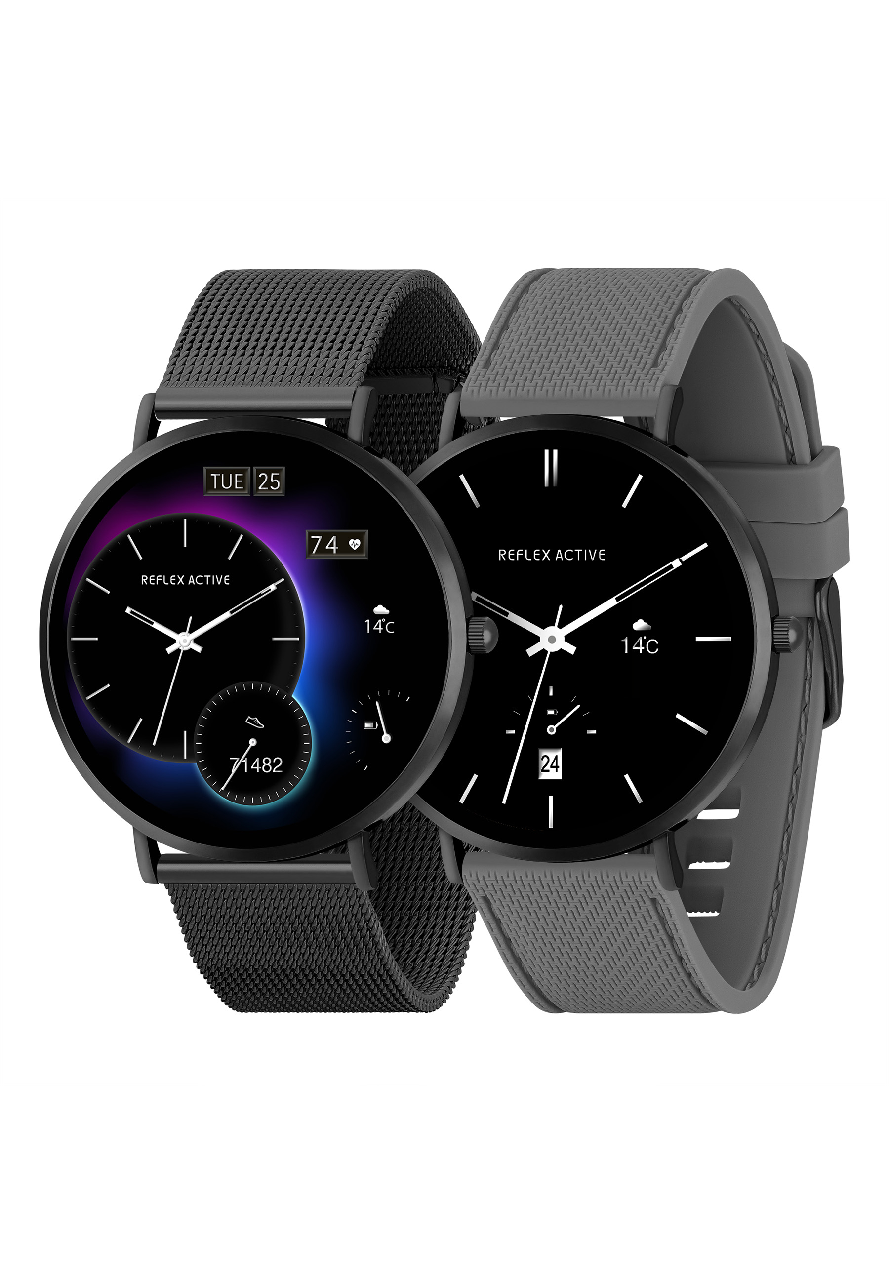 Deux montres connectées avec bracelets noirs et gris. Le fond est blanc.