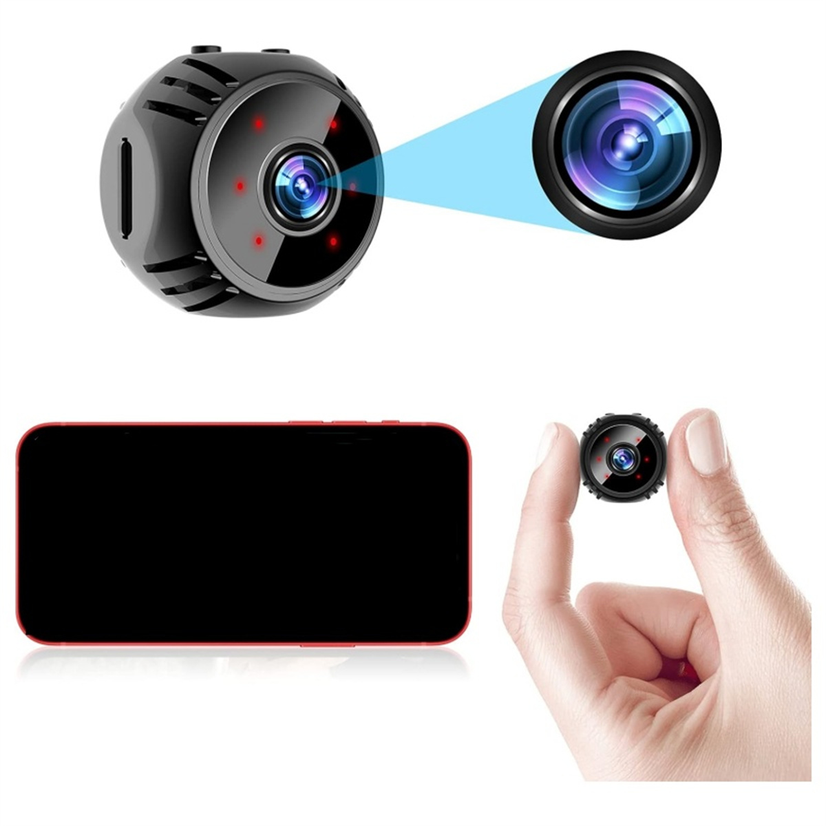 Schwarze Mini-Kamera, Linsendetail, rotes Telefon und eine Hand, die eine Kamera hält. Weißer Hintergrund.