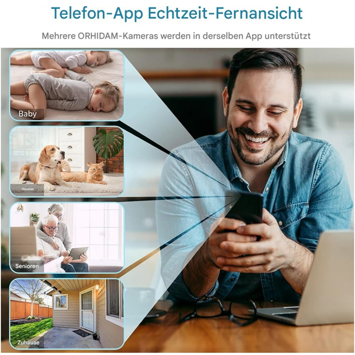 Ein Mann benutzt ein Smartphone, um Sicherheitskamera-Feeds mit Baby, Haustieren, Senioren und einem Haus-Außenbereich anzuzeigen.