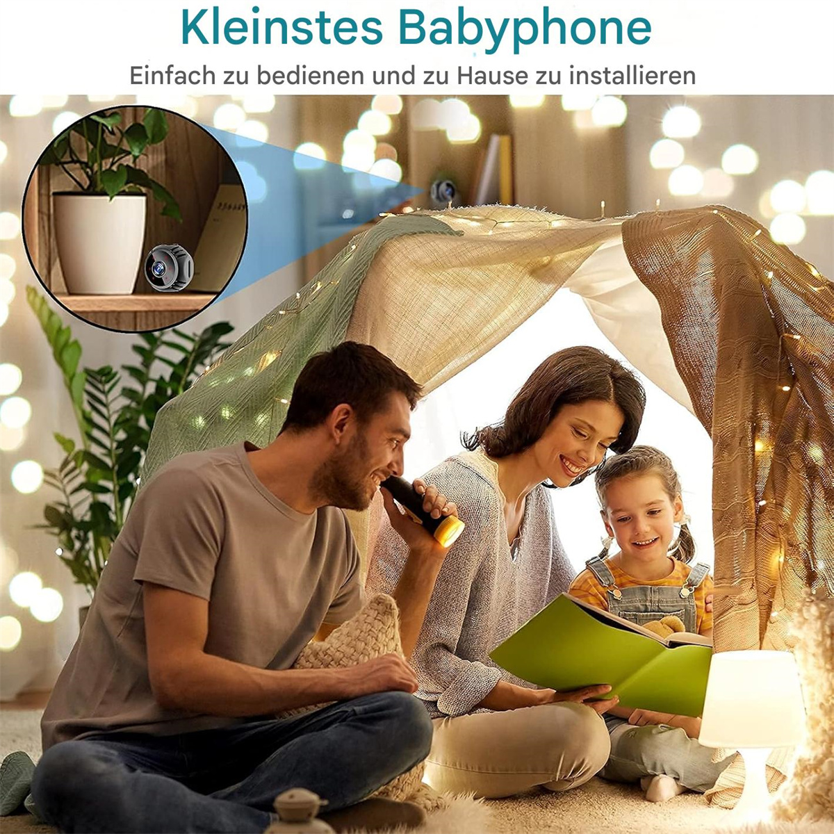 Familie liest Buch im Zelt, im Hintergrund Babyphone sichtbar.