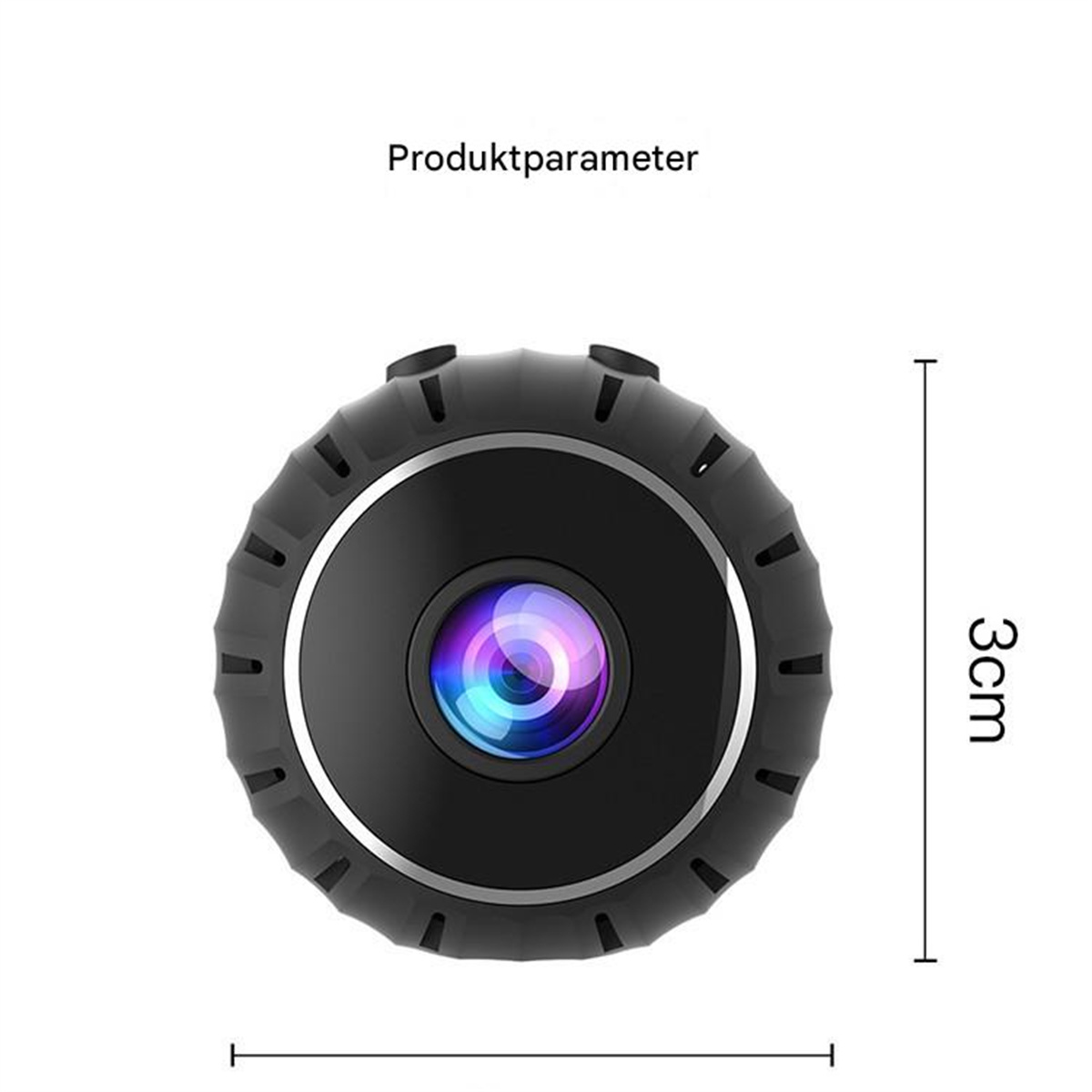 Kleine, schwarze runde Kamera mit Objektiv. Sie hat eine Größe von 3 cm und den Text 'Produktparameter'.